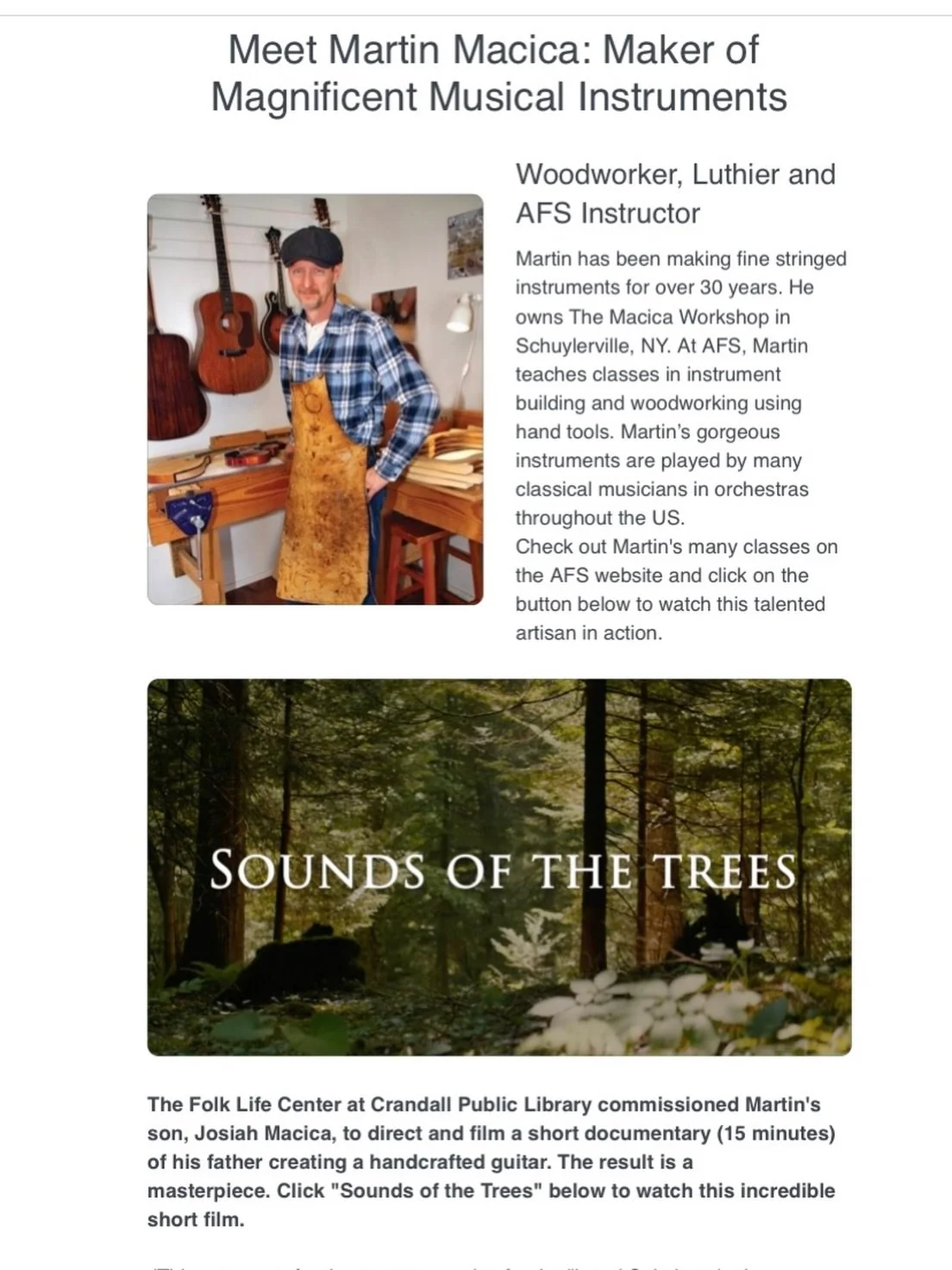.
#luthiery #luthier #handcraftedinstruments #custominstrument 
Feel free to check out the documentary through the Crandall Library Website under the documentary series &ldquo;Local Solutions in the Champlain-Adirondack Biosphere&rdquo; called, Sound