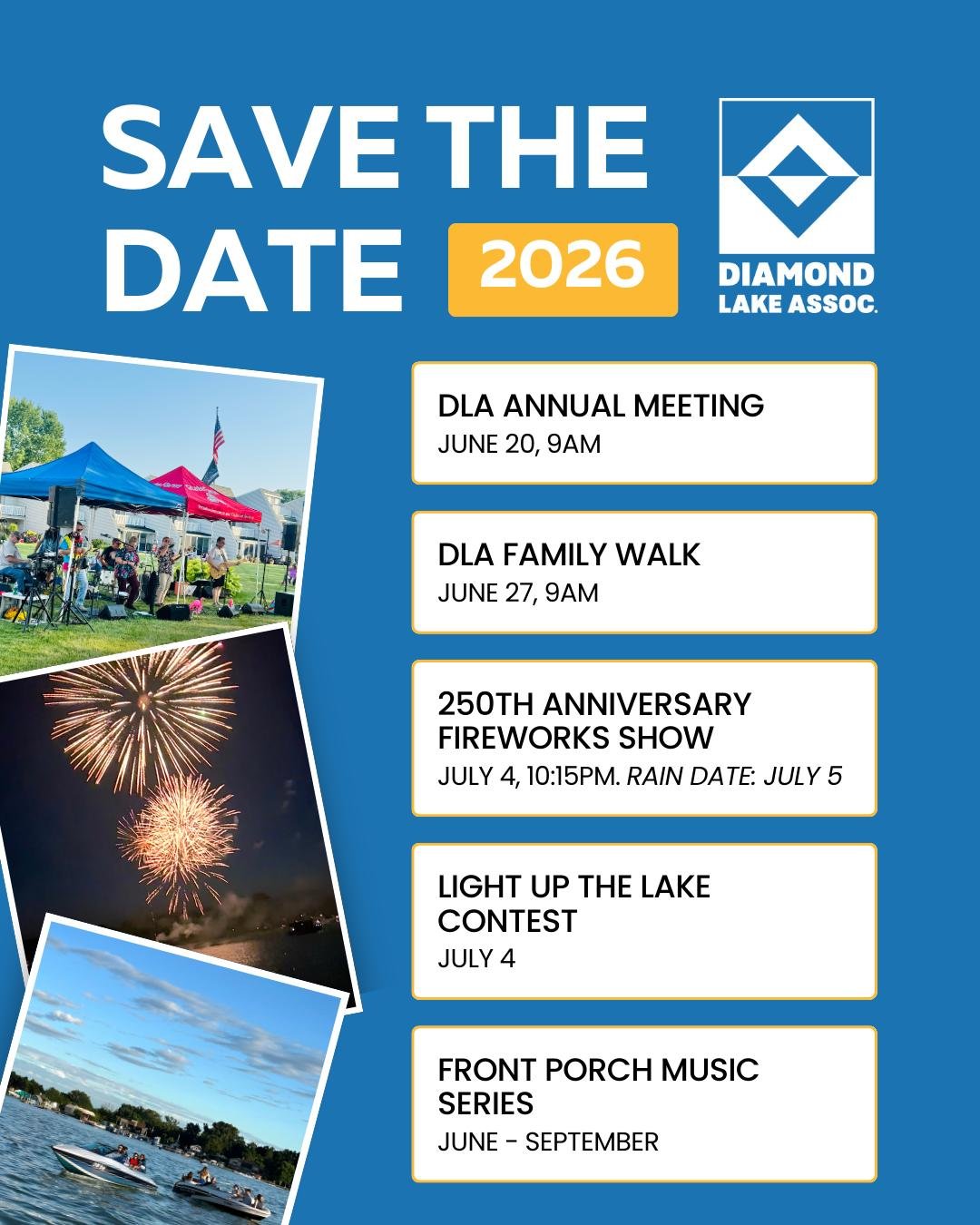 ☀️ Looking ahead to summer on Diamond Lake! Here are a few dates to put on your calendar now:

💠 DLA Annual Meeting, 📅 June 20, 9 AM

💠 DLA Family Walk, 📅 June 27, 9 AM

💠 250th Anniversary Fireworks Show, 📅 July 4, 10:15 PM. Rain Date: July 5
