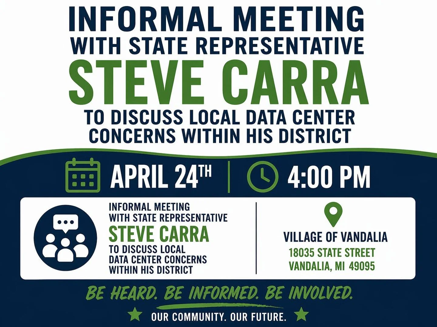 Have questions or concerns about local data centers?

Join an informal meeting with State Representative Steve Carra to discuss what it means for our community and voice your concerns.

📅 April 24
⏰ 4:00 PM
📍 Village of Vandalia, 18035 State Street