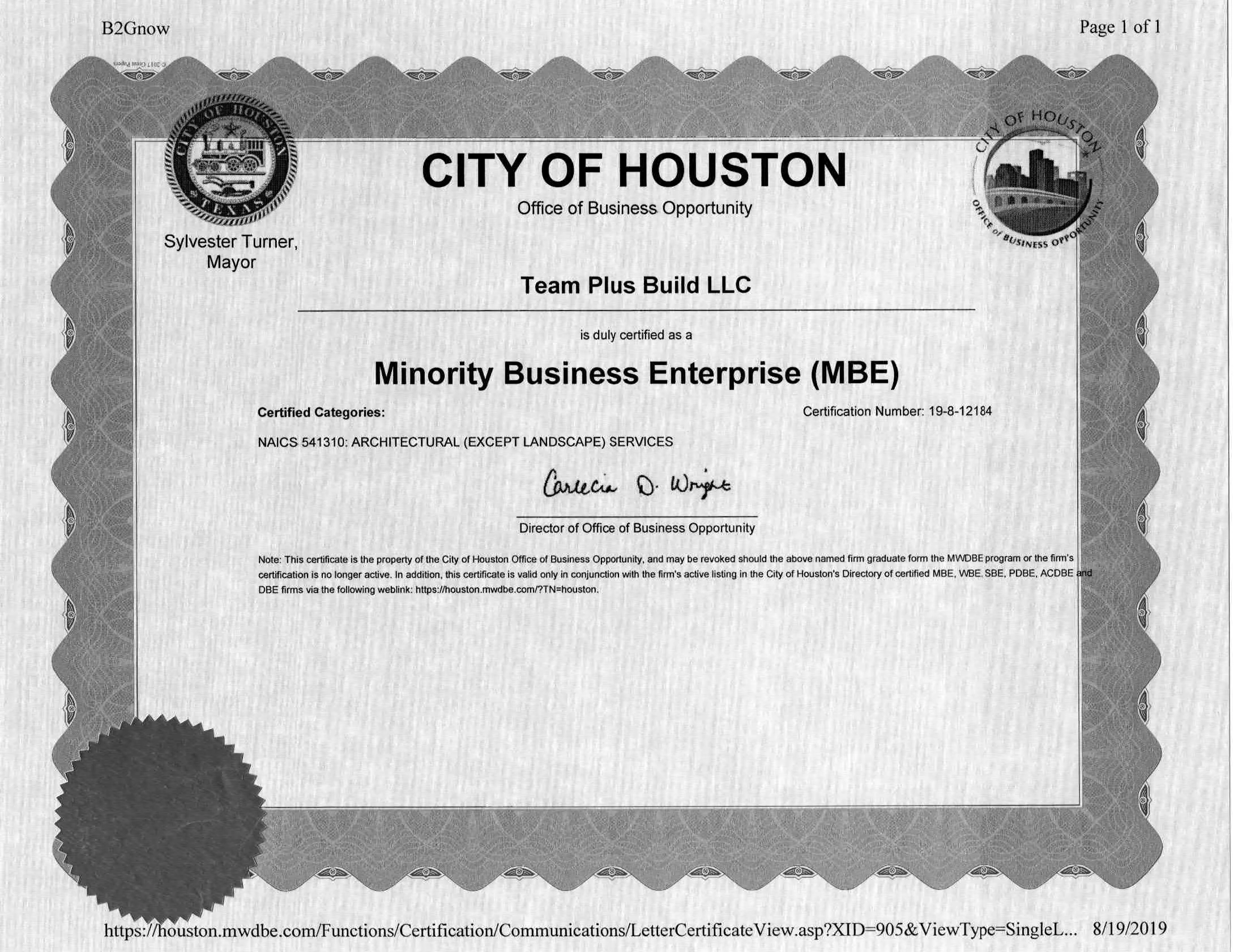 Minority Business Enterprise (MBE) Certificate