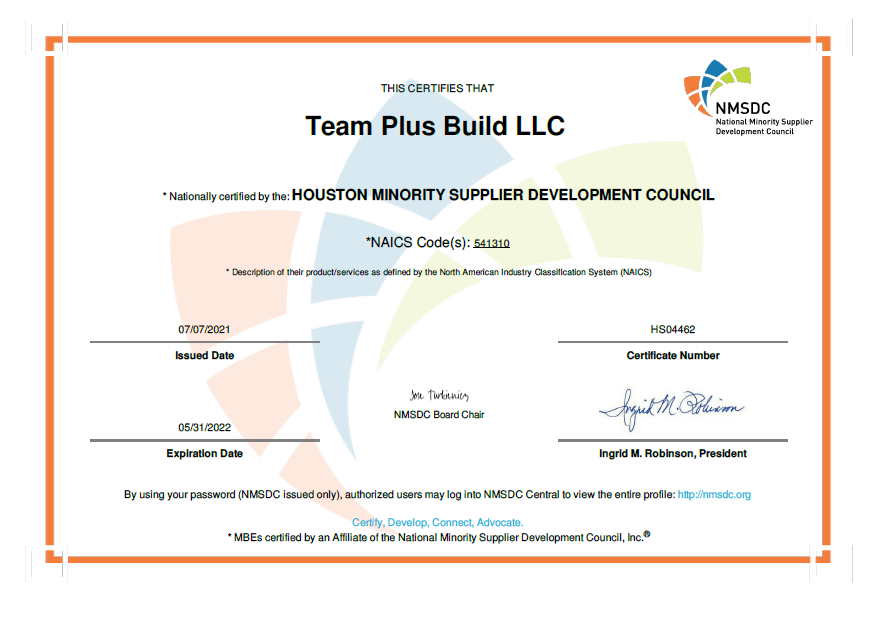 National Minority Supplier Development Council (NMSDC) Certificate