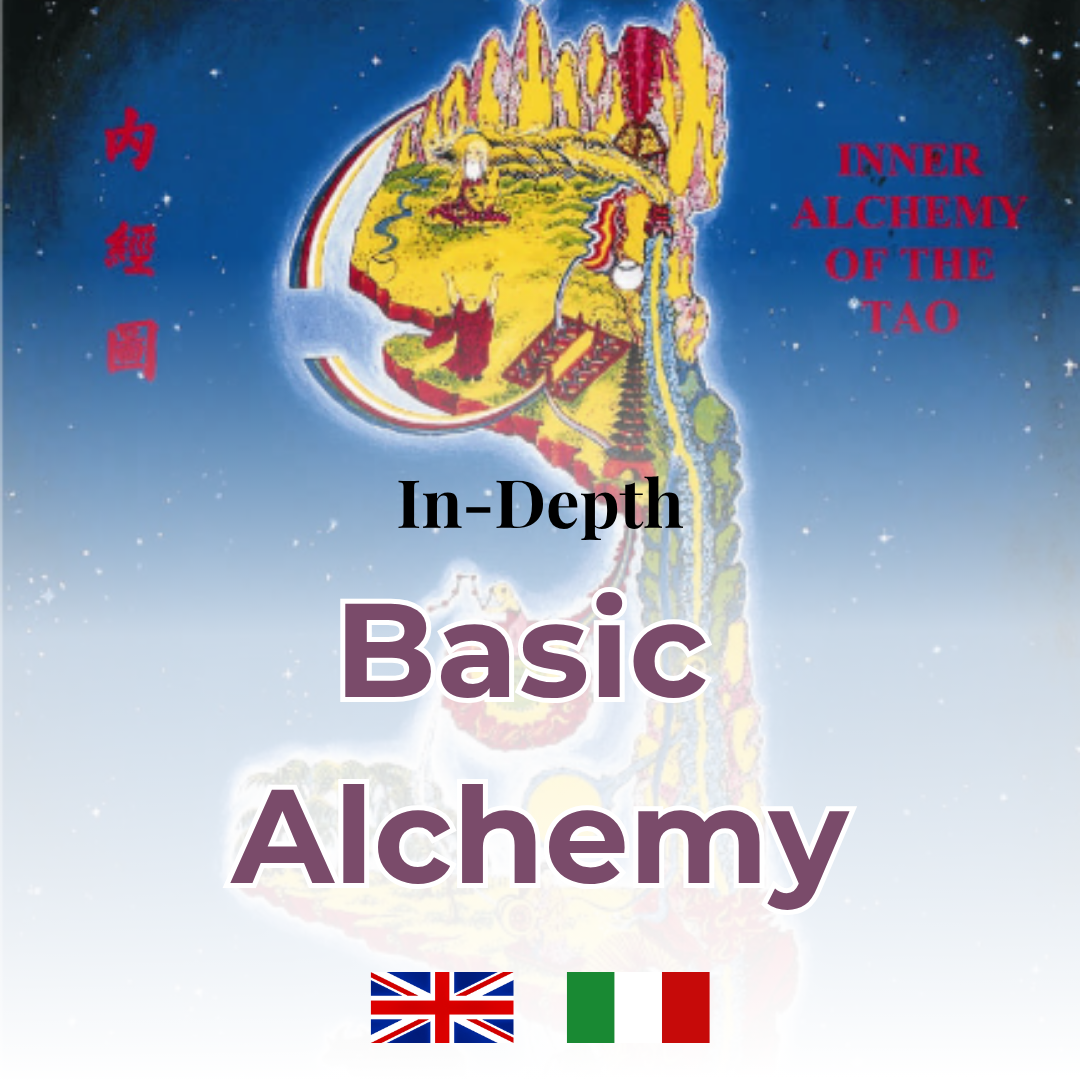 Book cover titled 'In-Depth Basic Alchemy' with a colorful illustration of a mystical map or diagram, stars in the background, and flags of the United Kingdom and Italy at the bottom.