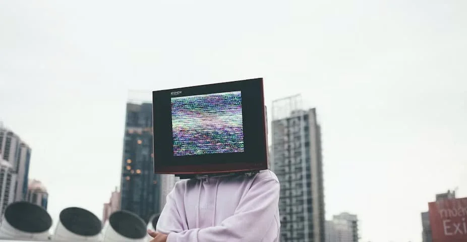 Person with a television showing static in place of their head