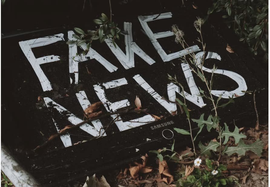 Partially buried "FAKE NEWS" sign surrounded by leaves, symbolizing reality distortion and confusion.