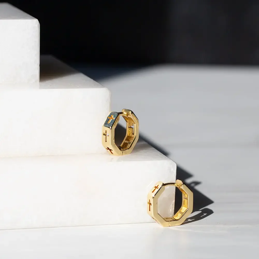 Tarnish Resistant Octagon Hoop Earrings w/ Cross Cutouts