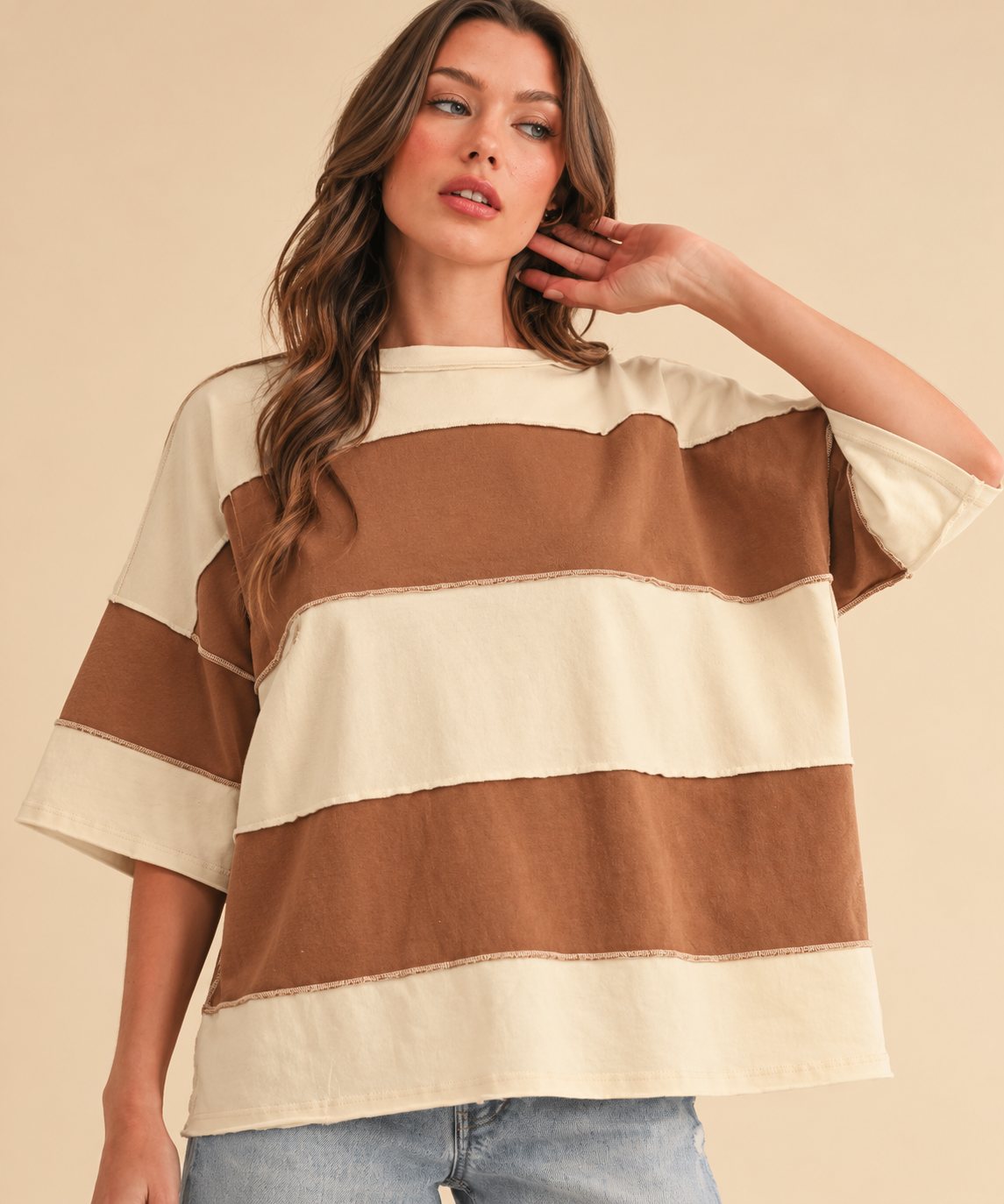 Polly Color Block Top Tee Shirt Natural Caramel