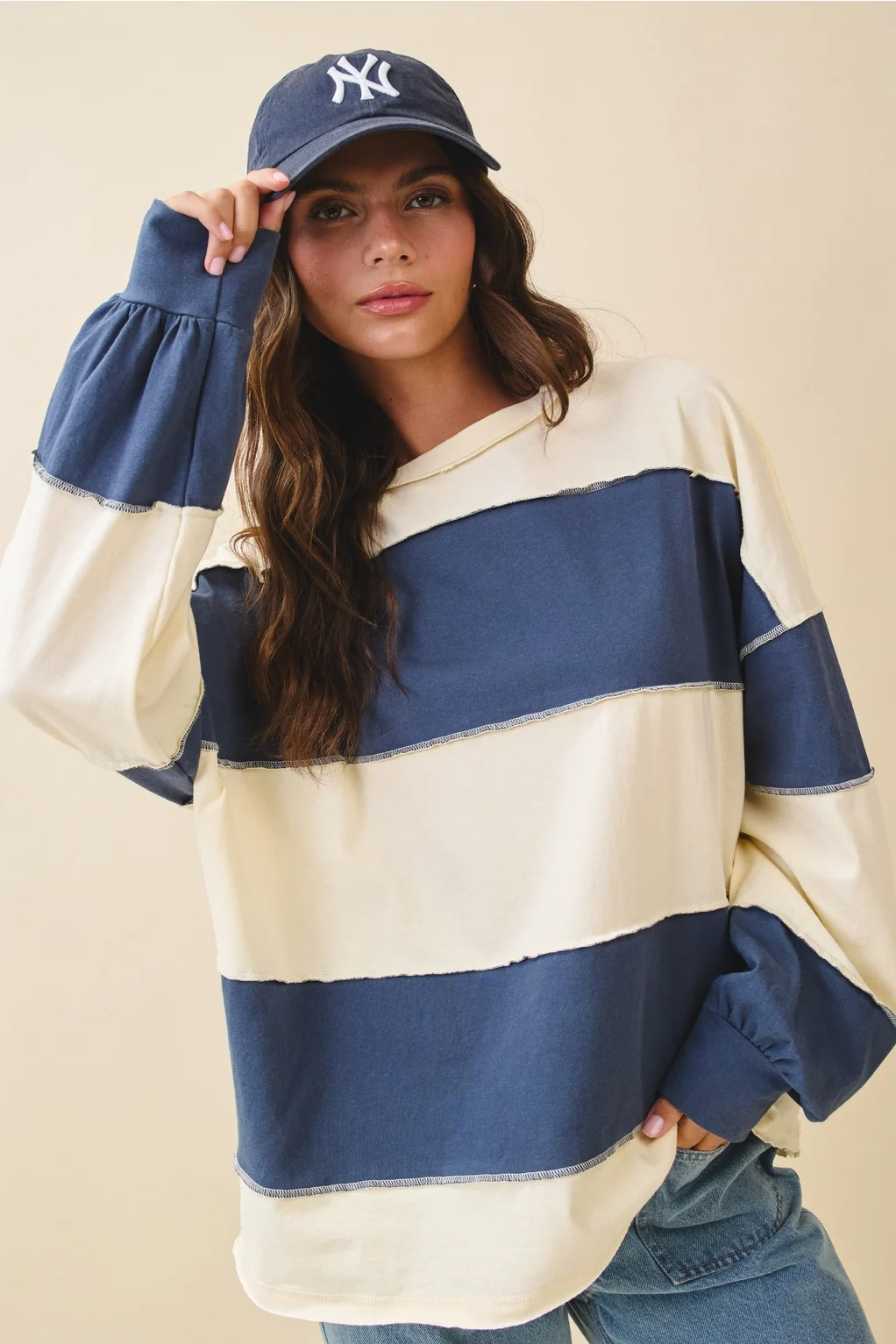 Oversized Color Block Long Sleeve Pullover Blue