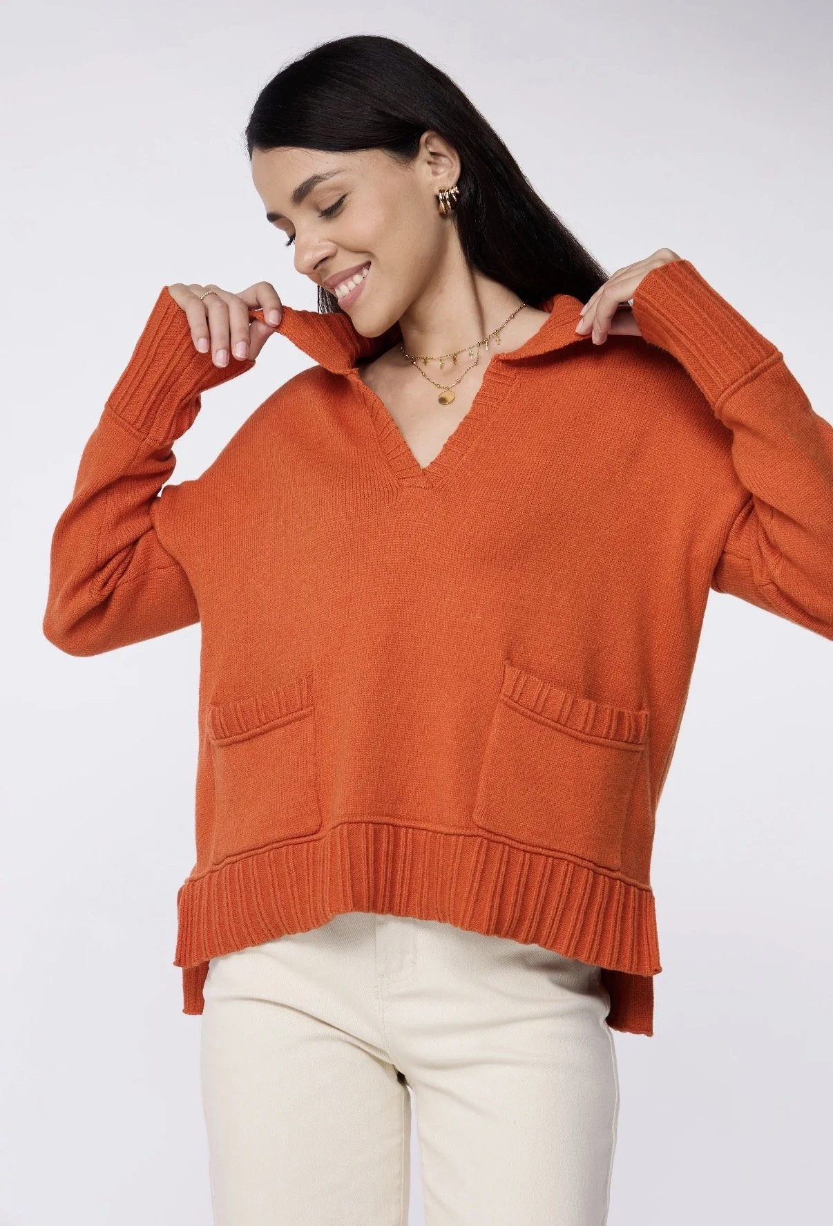 Cozy Fall V Neck Sweater with Collar and Pockets