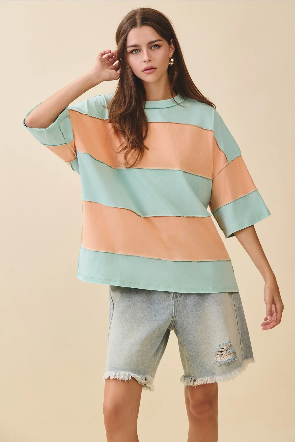 Polly Color Block Top Tee Shirt Aqua Orange