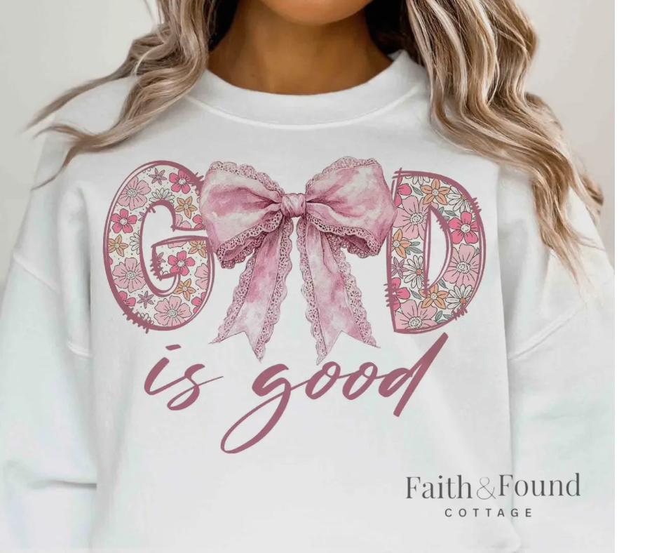 White “God Is Good” Bow Sweatshirt FREE SHIPPING!