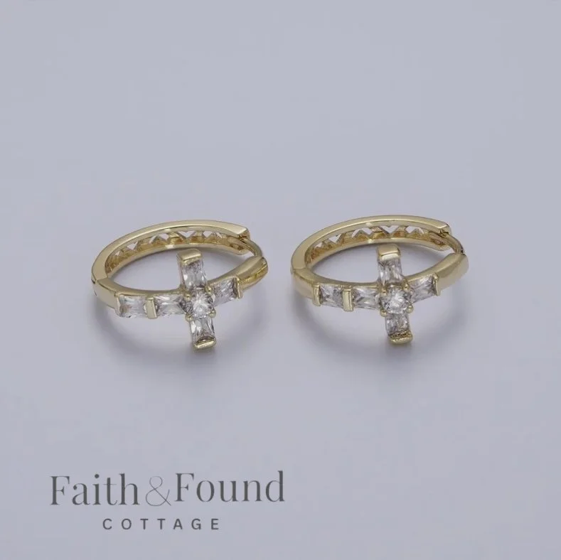 Gold Cubic Cross Huggie Earrings FREE SHIPPING