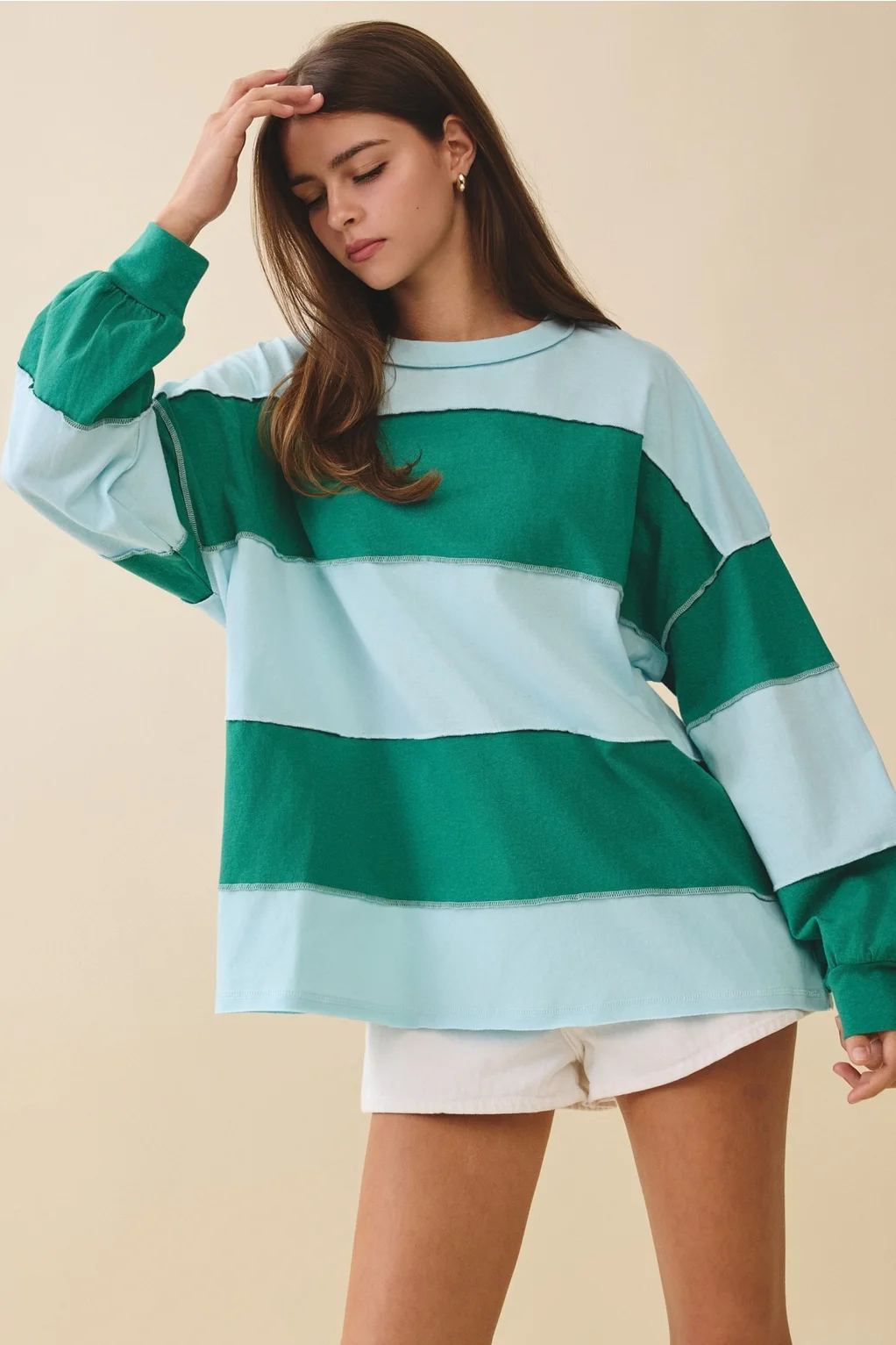 Oversized Color Block Long Sleeve Pullover Sky Green