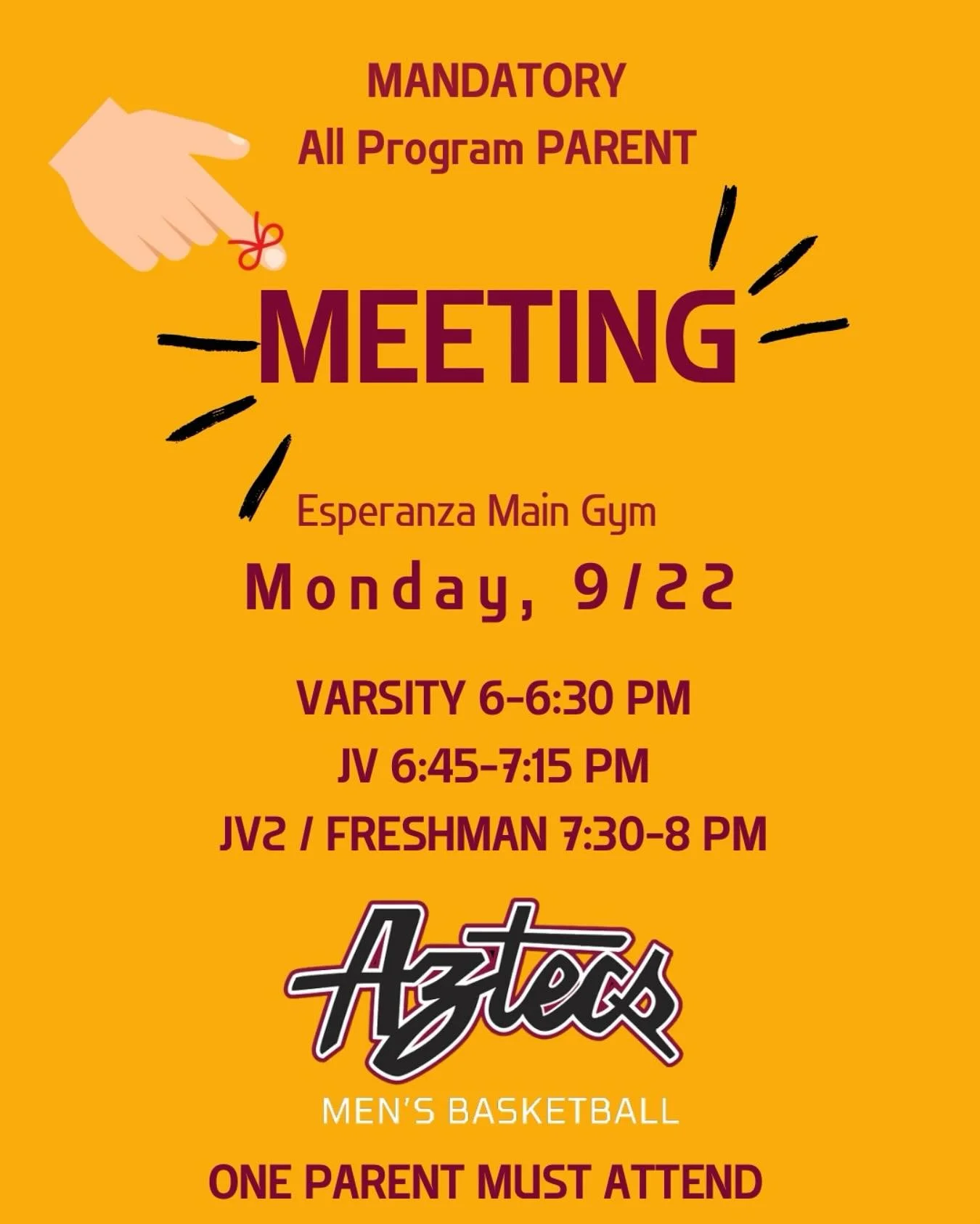 Reminder: Mandatory Parent Meeting for all players in the program for the 25-26 Season. One parent MUST attend. We are discussing important season information!