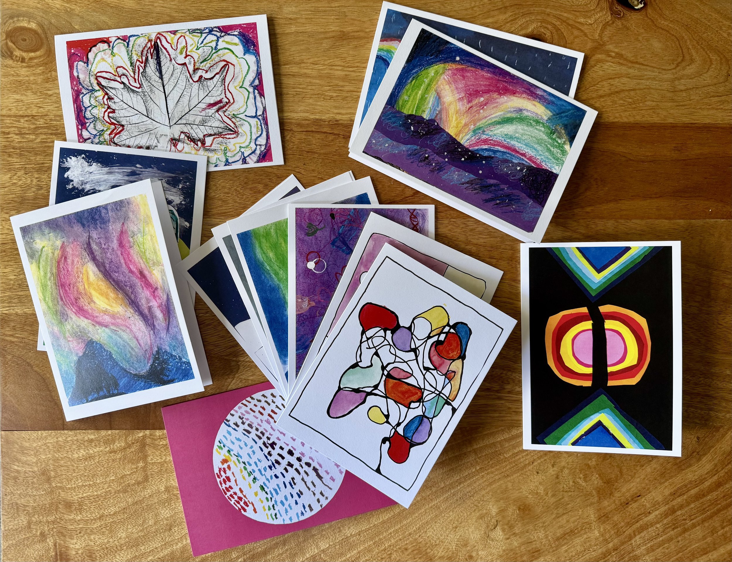 Student artwork made into notecards for sale at the Art Night Out