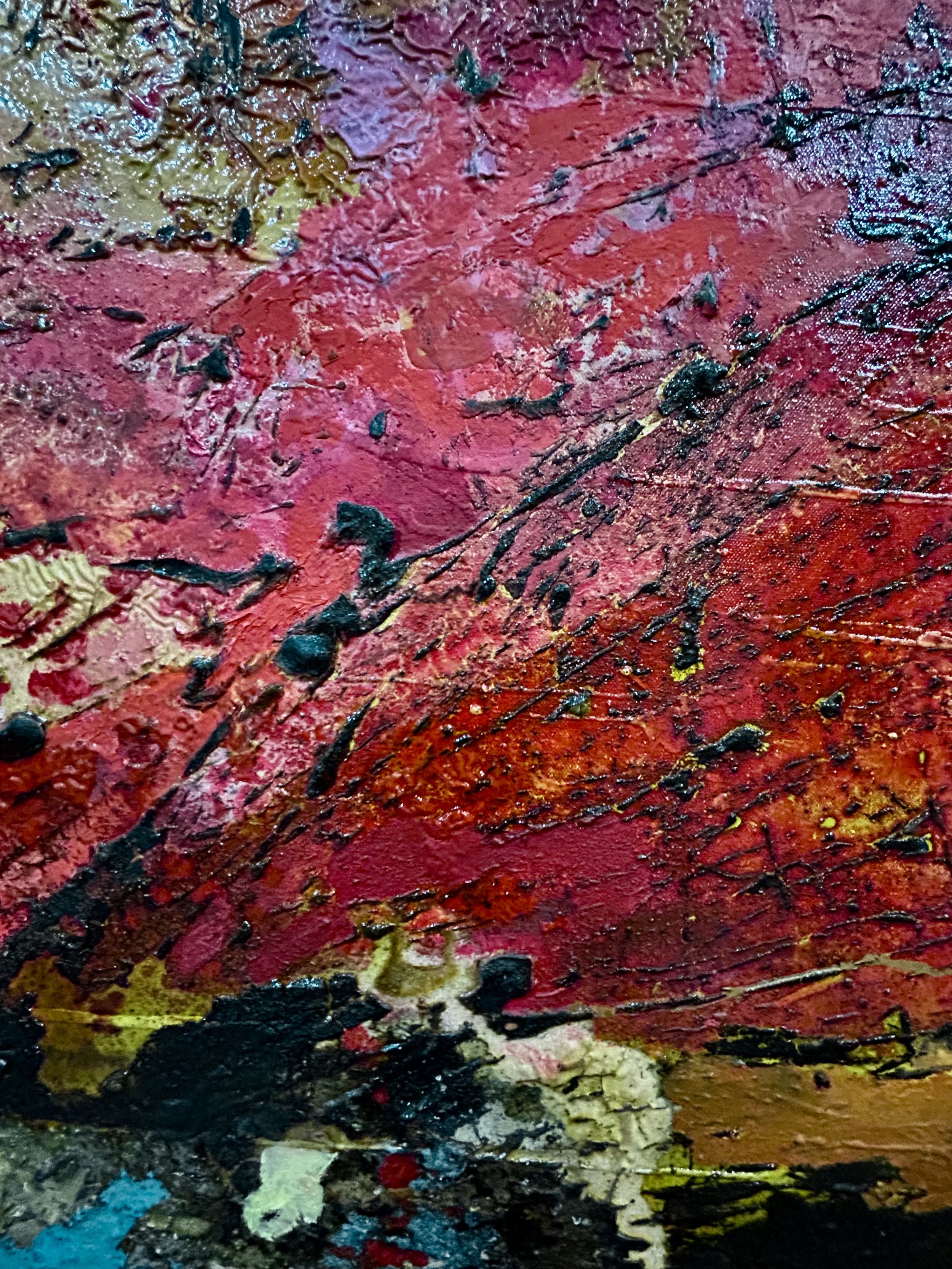Abstract painting with thick textured layers of red, black, yellow, and hints of blue and green paint.