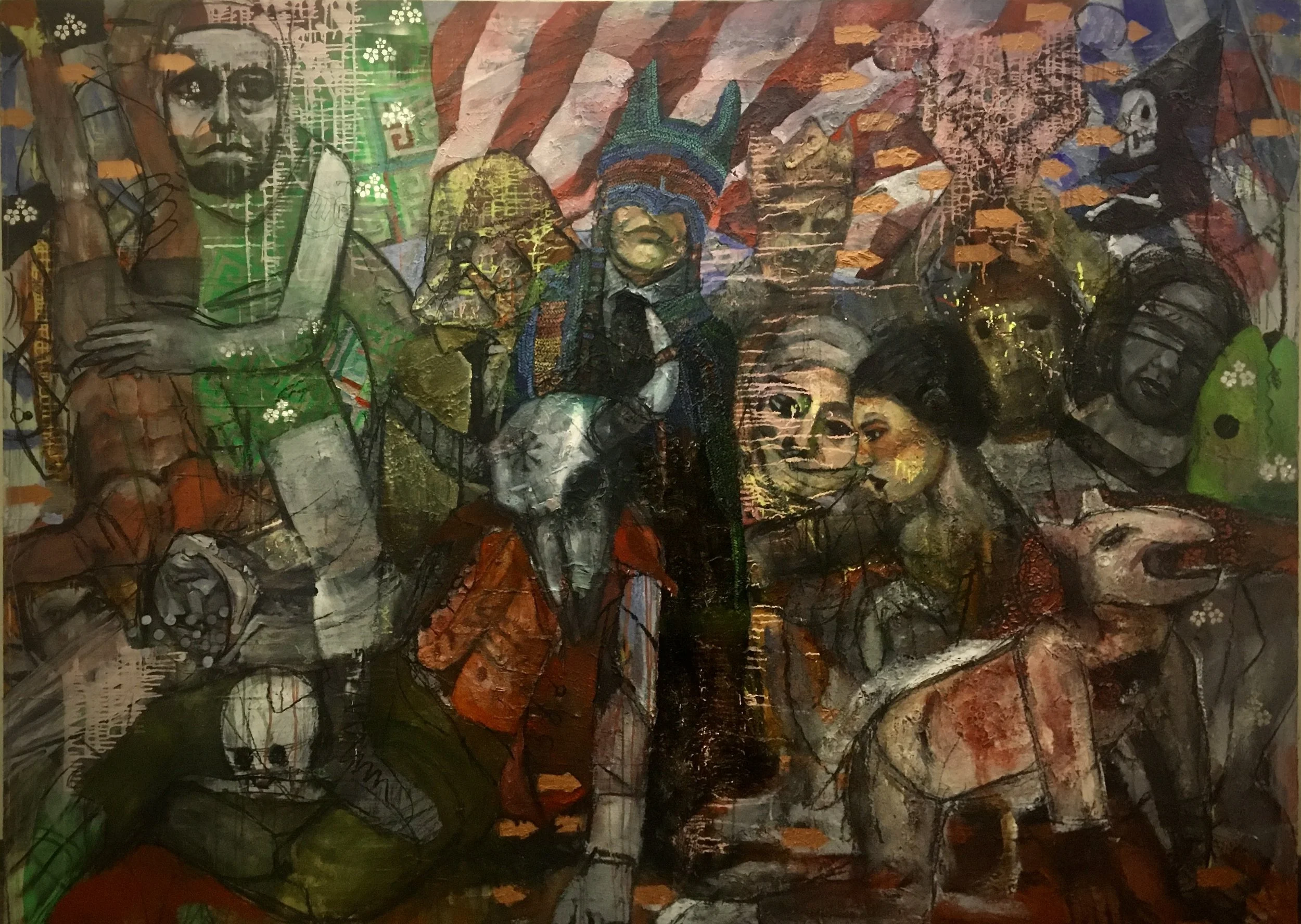 A vibrant, expressive mural combining painted portraits, abstract shapes, and textured details. It features several human faces with diverse expressions and features, surrounded by colorful, layered backgrounds with geometric and organic patterns.