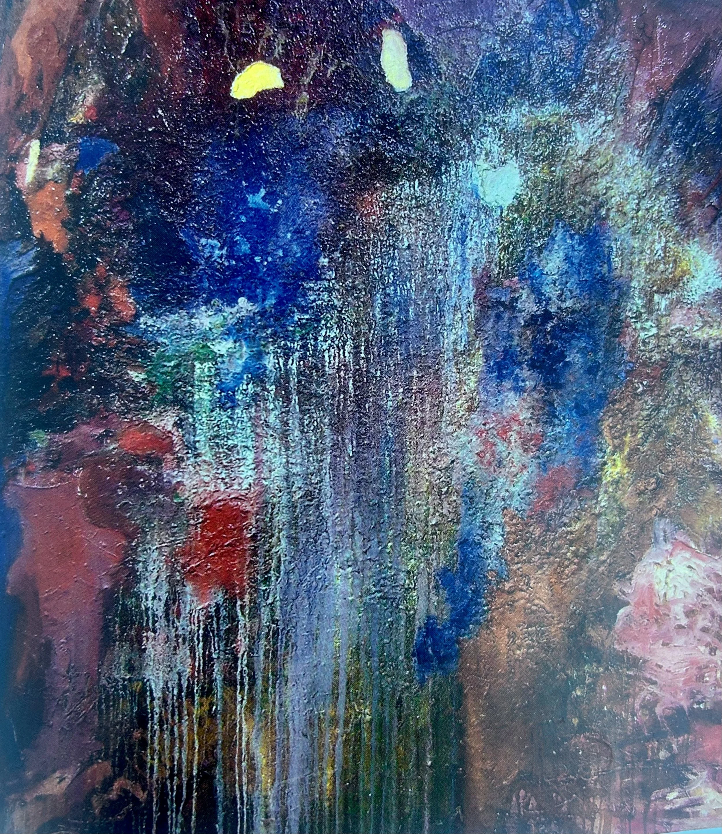 Abstract textured painting with vibrant colors including blue, red, yellow, green, and black, with dripping and splattering paint effects.