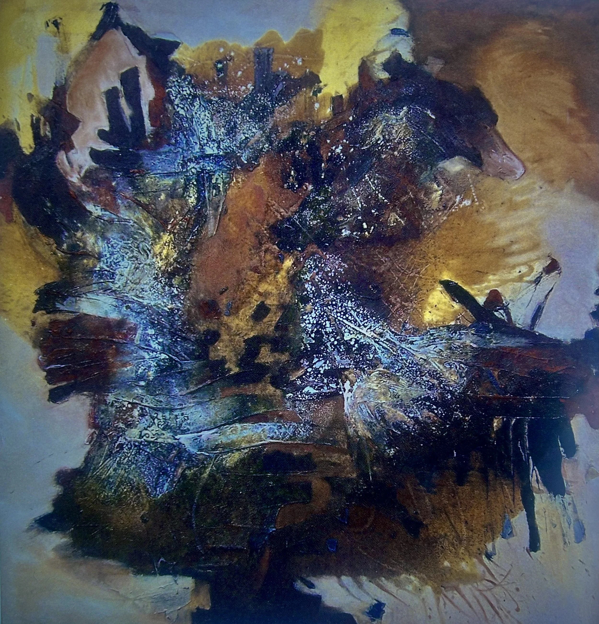Abstract impressionist painting with dark, vibrant colors including black, brown, yellow, and blue, creating a textured and layered composition.