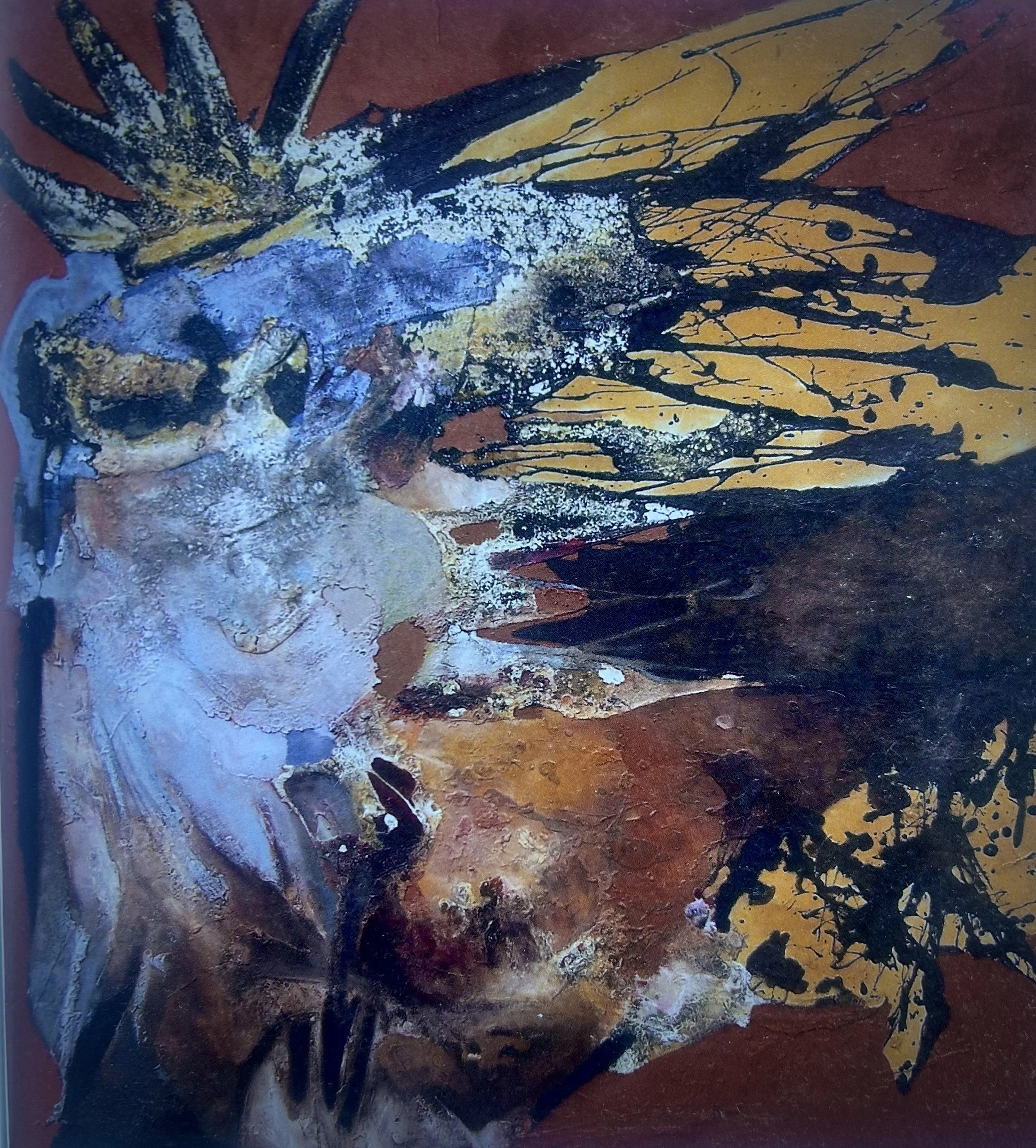 An abstract painting featuring bold black lines and splashes of white, blue, yellow, and brown colors on a textured surface.