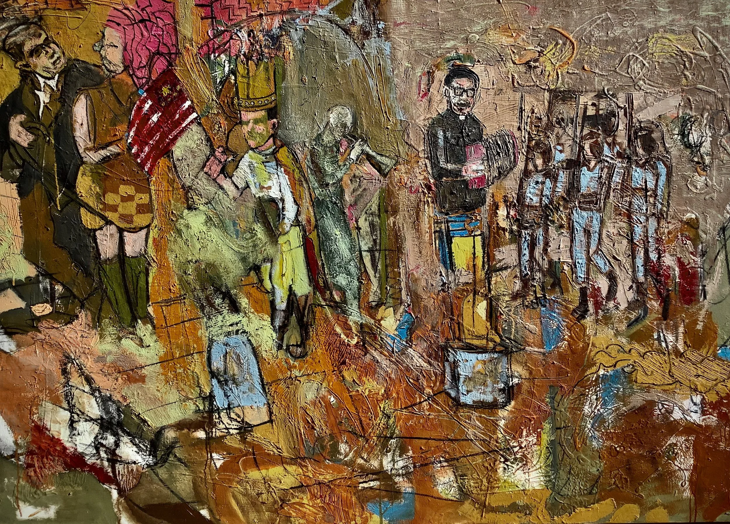 An abstract painting with various colors and textures, featuring human figures and rough sketches of faces and people.