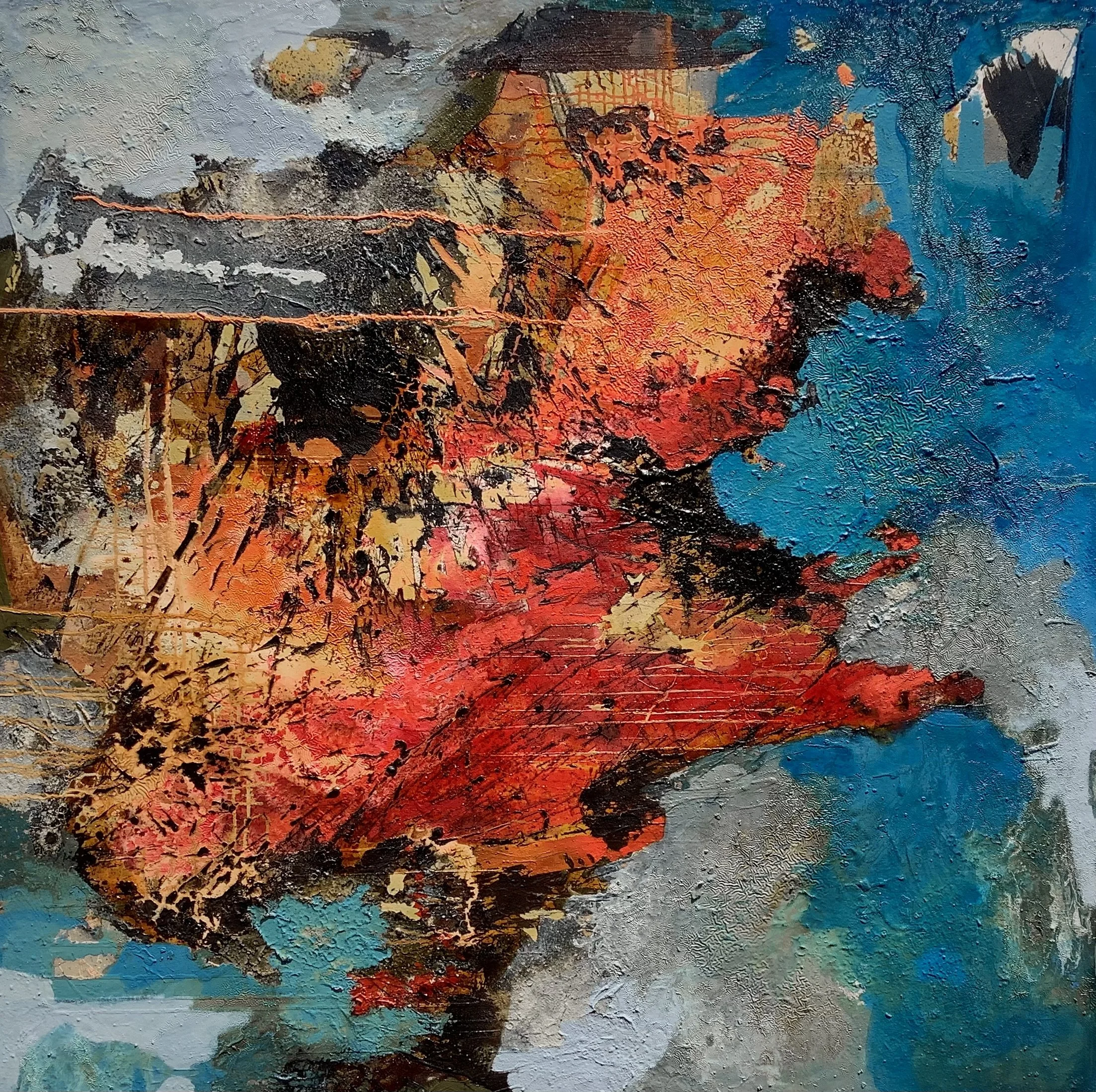 Abstract textured painting with bold splashes of red, orange, black, green, gray, and blue colors.
