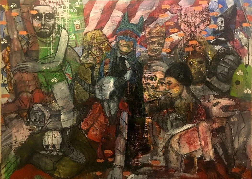 A colorful, abstract painting of multiple diverse figures, some with protective masks, set against a mixed background of patterns and textures.