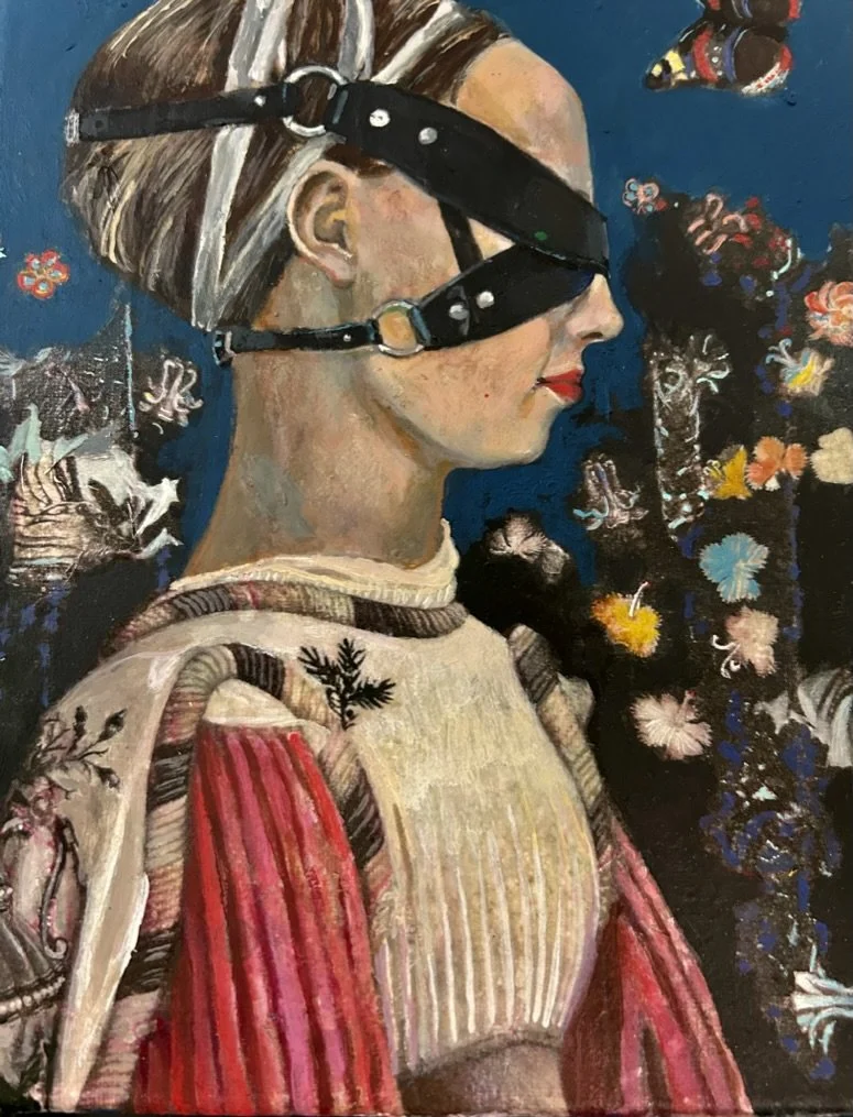 A painting of a woman wearing a head covering and glasses, with colorful embroidered clothing, set against a dark background with floral and animal motifs.