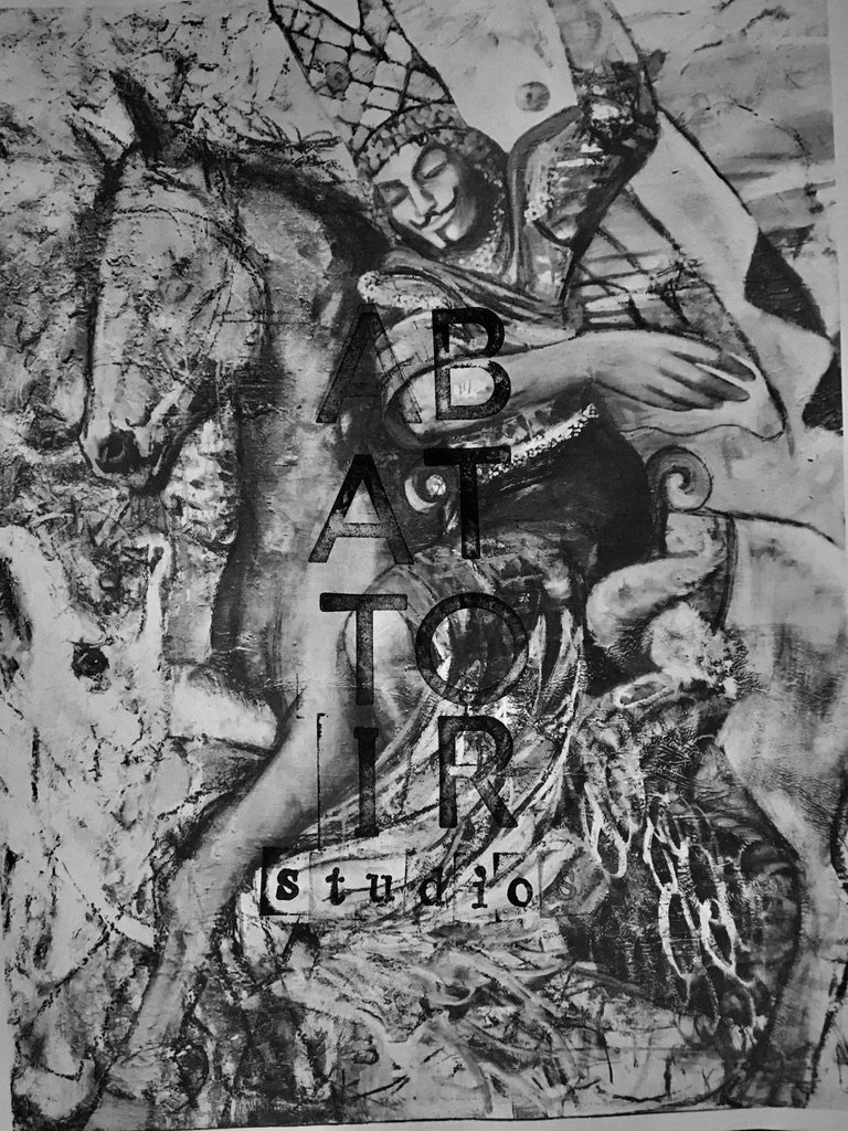 Black and white abstract mural with a smiling woman's face, a horse, and various artistic elements, overlaid with the text 'ABT studio'.