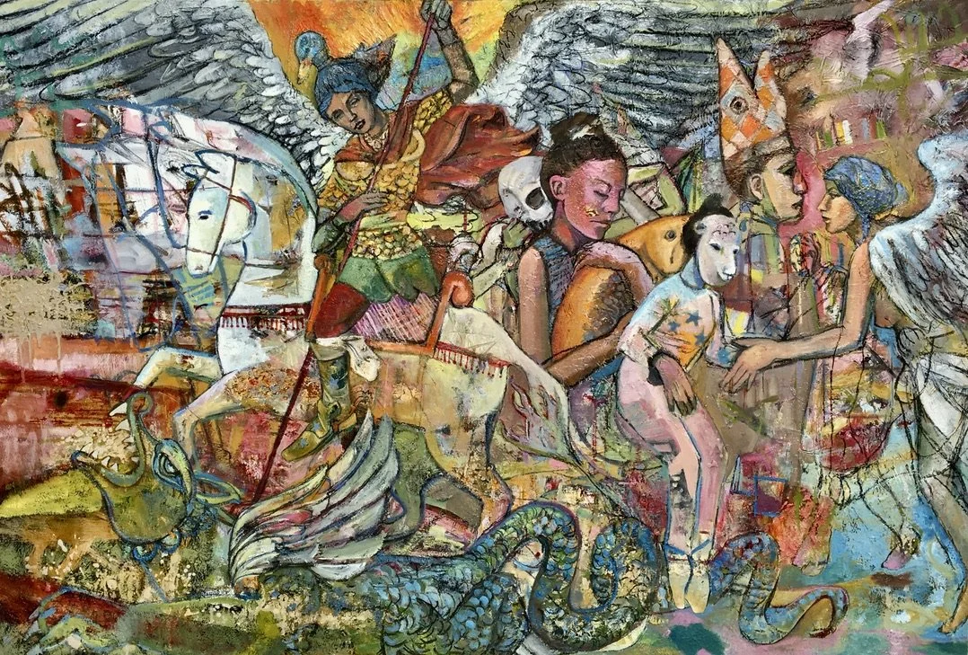 A colorful mural depicting various mythical and fantasy elements, including a winged warrior riding a horse, a mermaid, a woman with a lion's face, and a serpent, with vibrant, abstract background details.