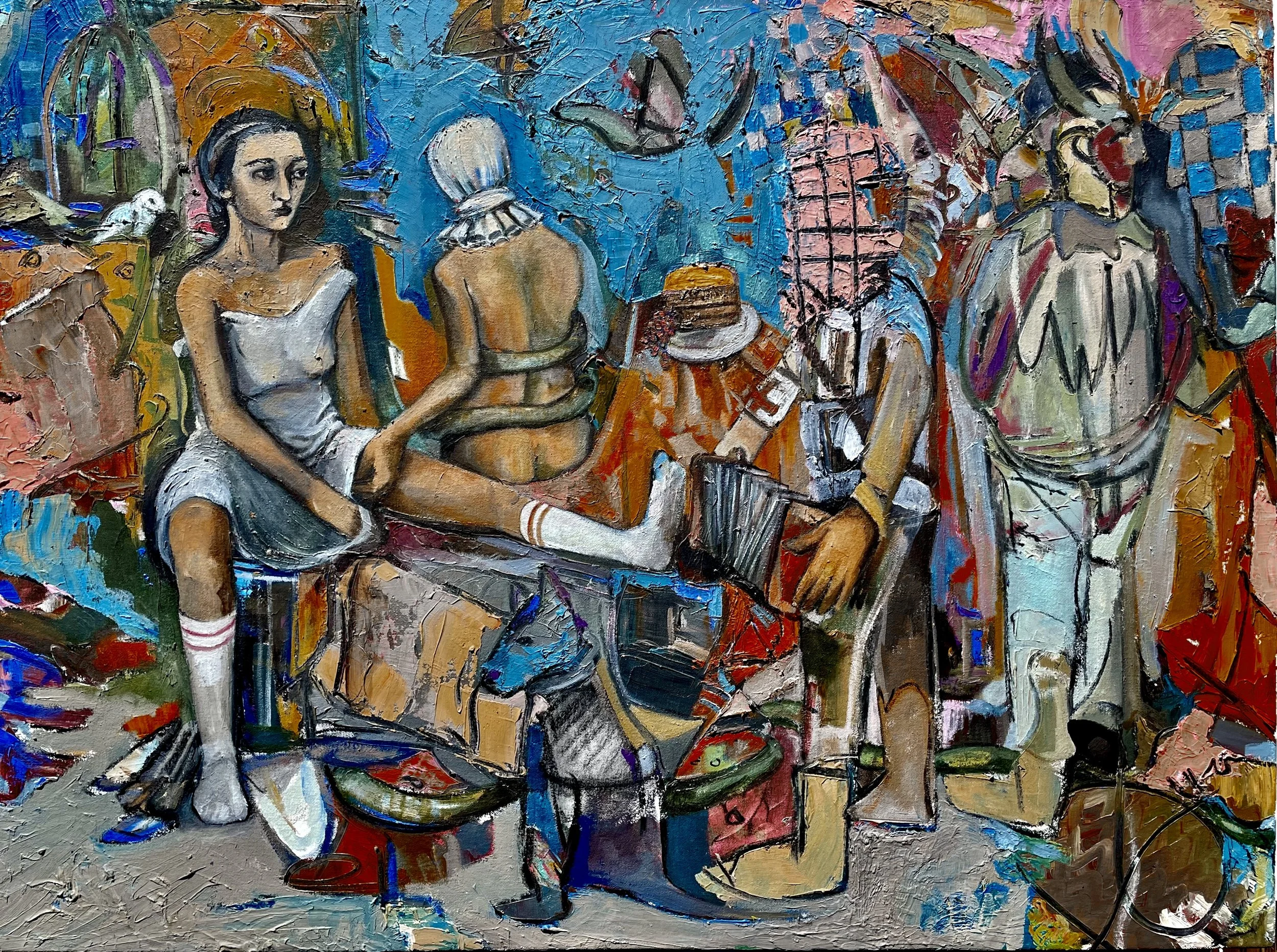 An abstract painting featuring human figures, objects, and vibrant colors with textured brushstrokes, including women, a bicycle, and various shapes.