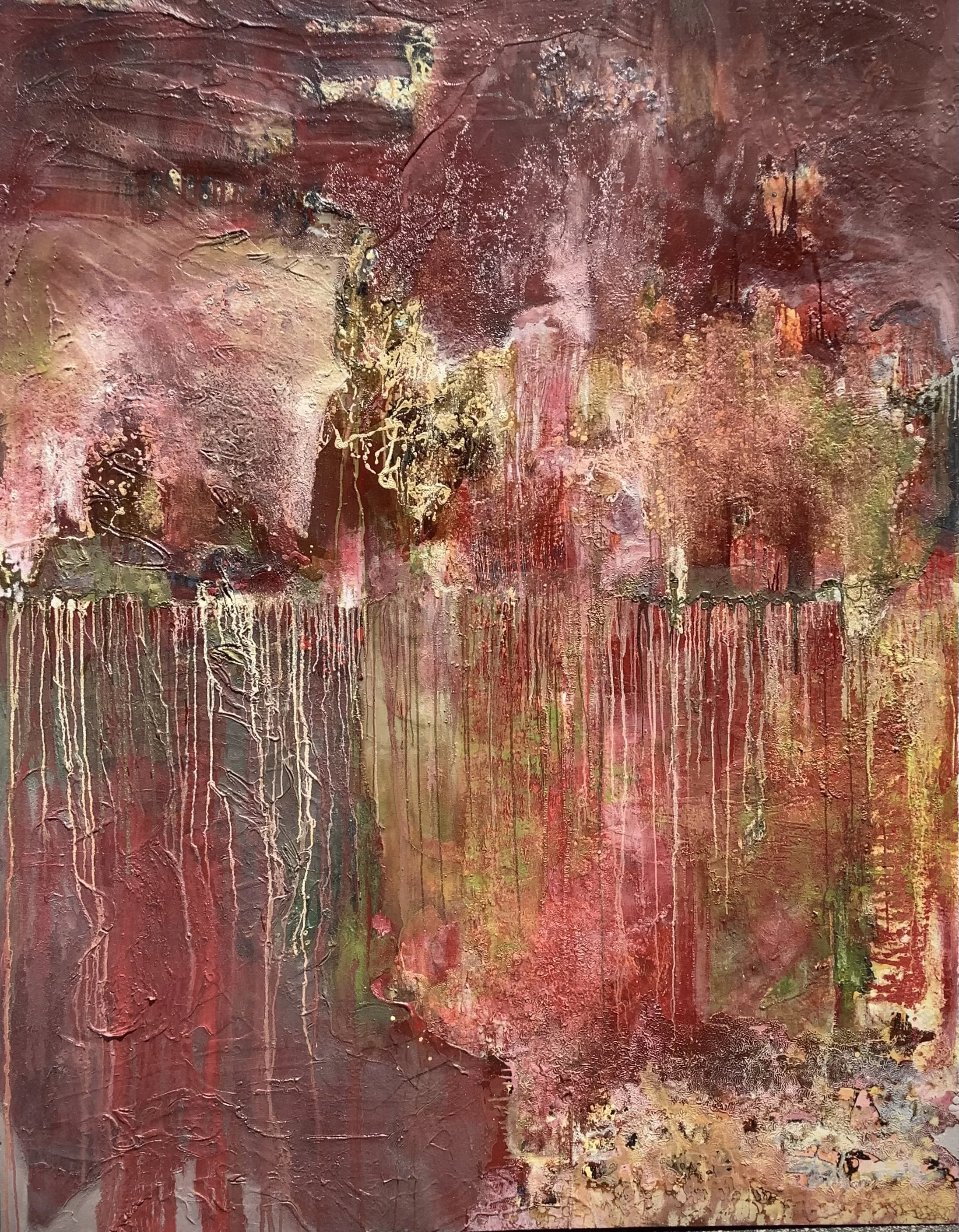 Abstract painting with heavy textures and dripping paint in various shades of red, pink, beige, yellow, and some green.