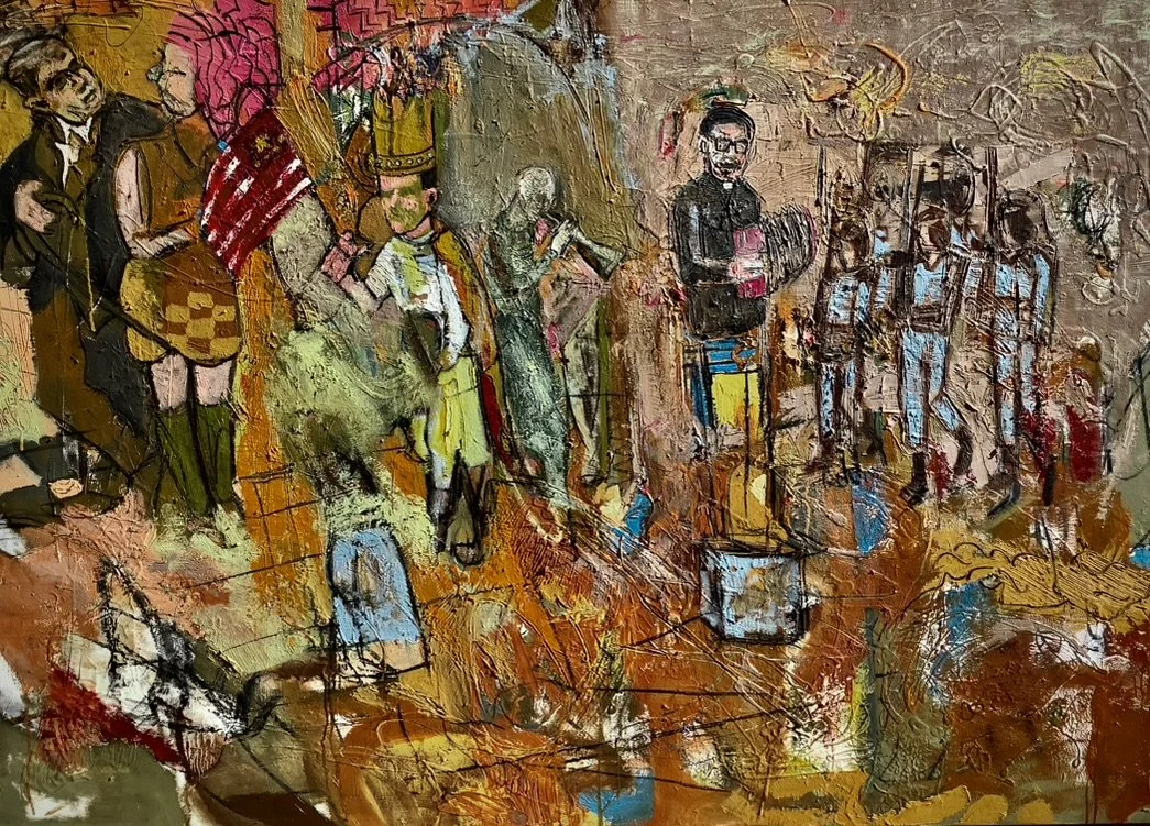 Abstract painting of a crowd of people, including musicians and spectators, using bold brushstrokes and vibrant colors.