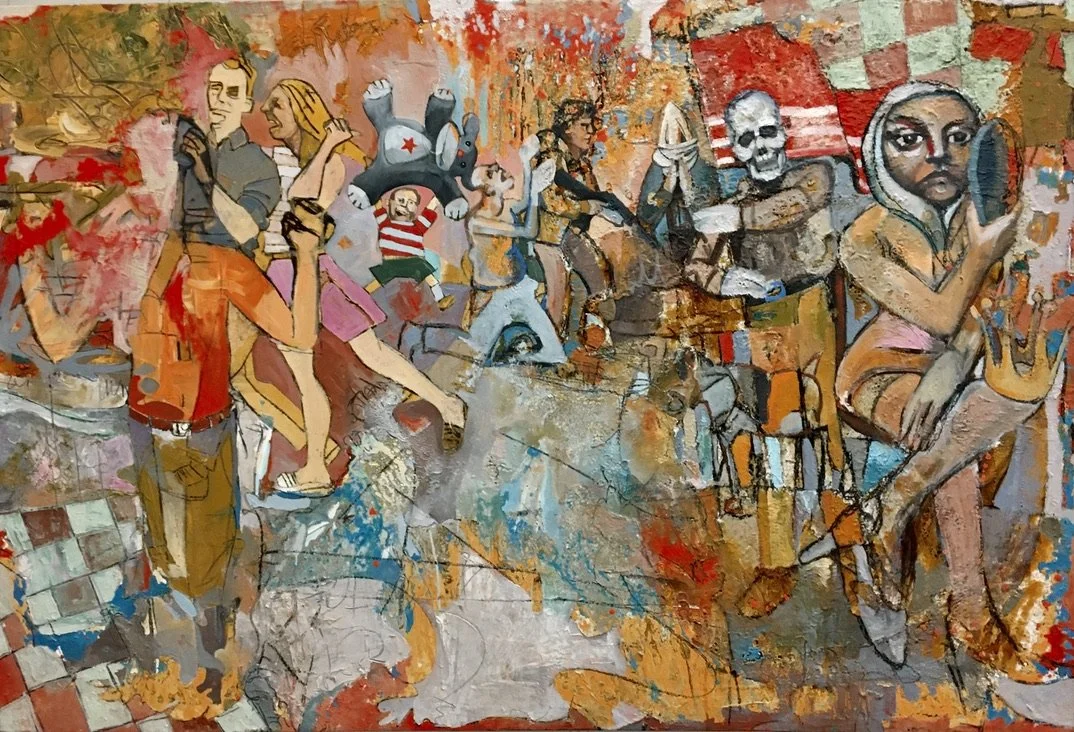 Colorful abstract painting depicting a diverse group of people walking, sitting, and talking, with some holding objects like a phone, a flag, and a teddy bear, in a vibrant urban scene.