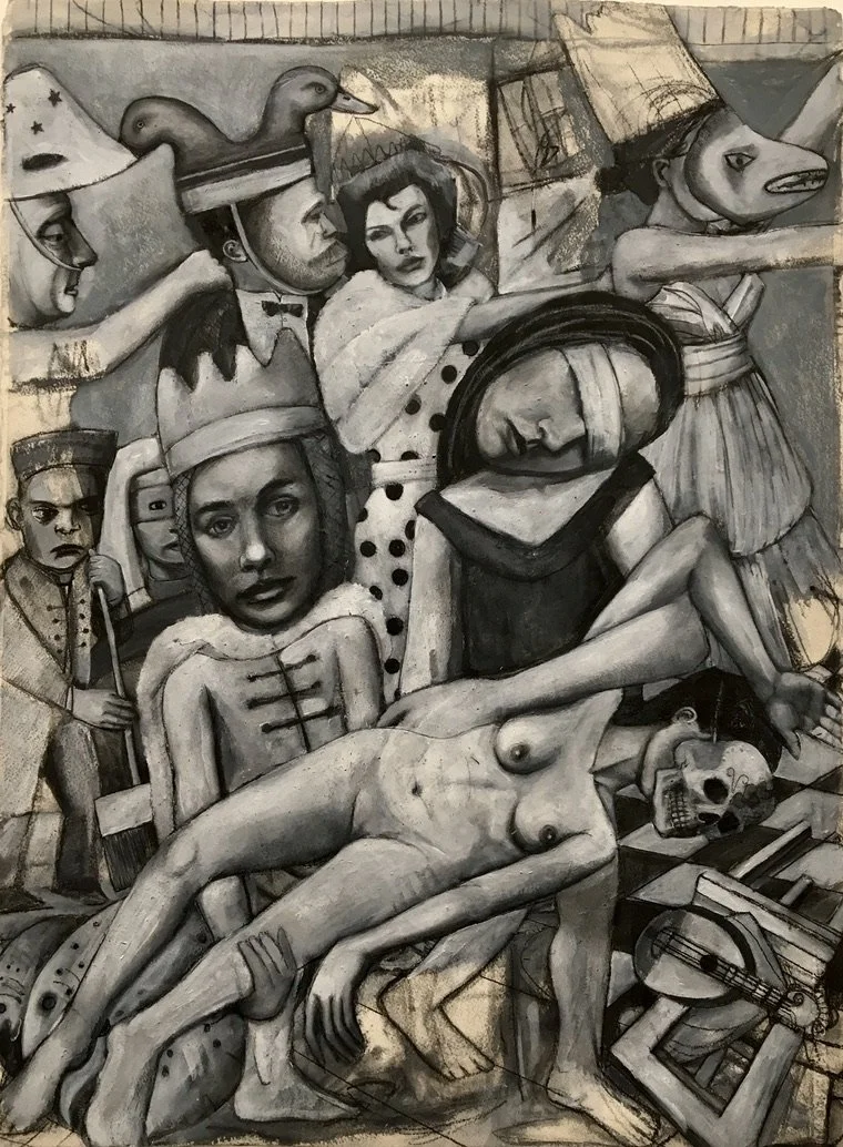 A black and white mural featuring various surreal and fantasy-themed characters, including a woman with a headscarf holding a humanoid figure with a skull for a face, a woman with six polka dot dress, and other figures with animal heads and distorted faces, along with musical instruments like a guitar and a piano, and a skull, creating a layered and complex scene.
