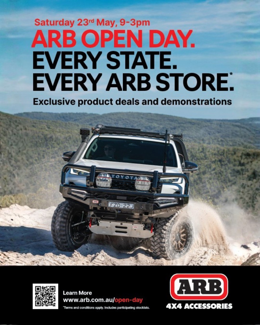 🚨 TODAY ONLY 🚨

The ARB National Open Day is on NOW 🔥

Exclusive one day only deals across Bull Bars, Suspension, Roof Racks, Canopies, Fuel Tanks, Driving Lights and more!

✔️ Bonus products
✔️ Exclusive package pricing
✔️ Massive savings
✔️ In s