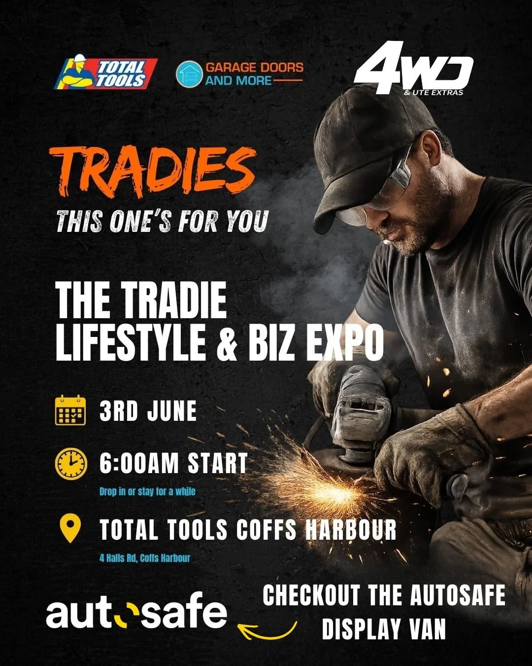 🔧 Coffs Coast Tradies, we're up early for this one!

@4wdanduteextras Coffs Harbour will be at the Tradie Lifestyle &amp; Biz Expo this Wednesday, so be sure to drop by and say G'day to George and Josh.

We'll also be showcasing the @autosafeindustr