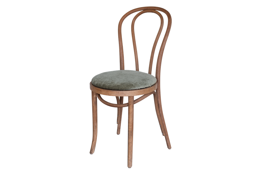 Natural Bentwood Chairs with Sage Green Velvet Cushions
