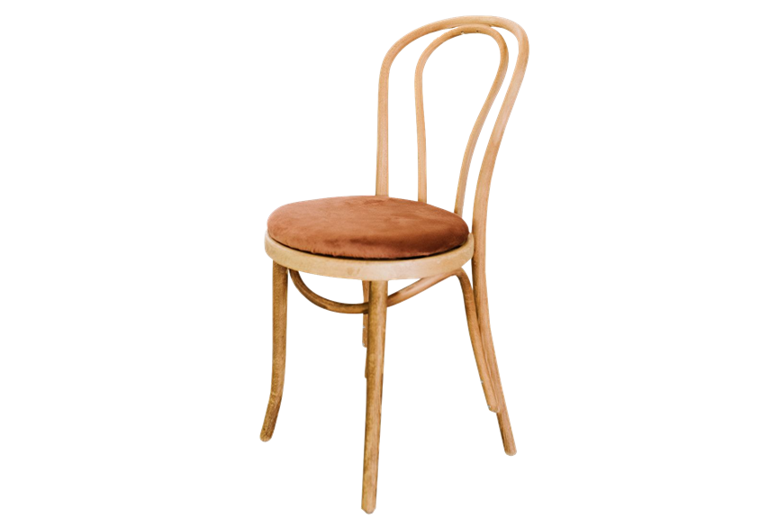 Natural Bentwood Chairs with Rust Velvet Cushions