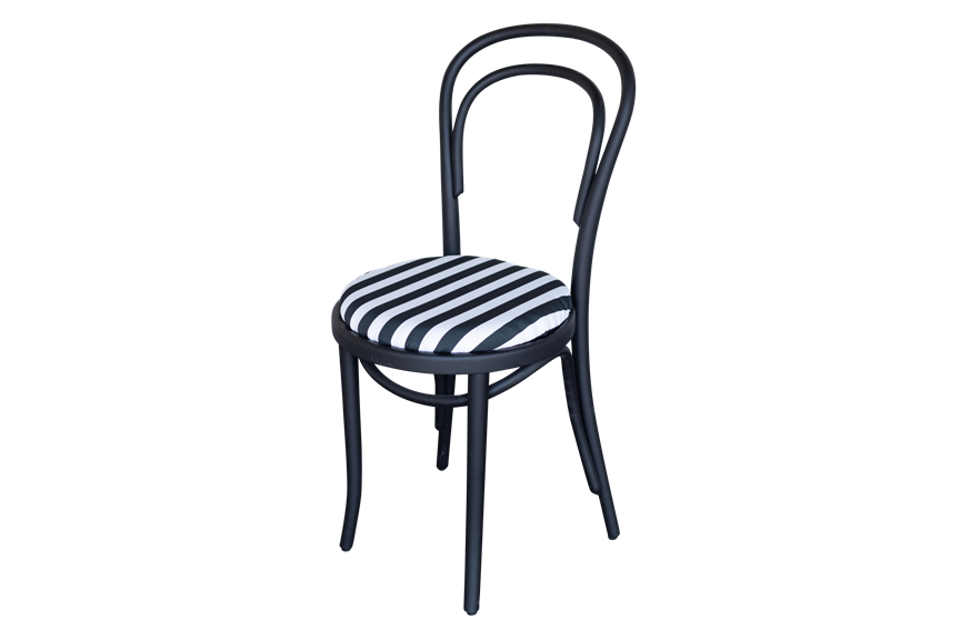 Thonet Black Bentwood Chairs with Stripe Cushions