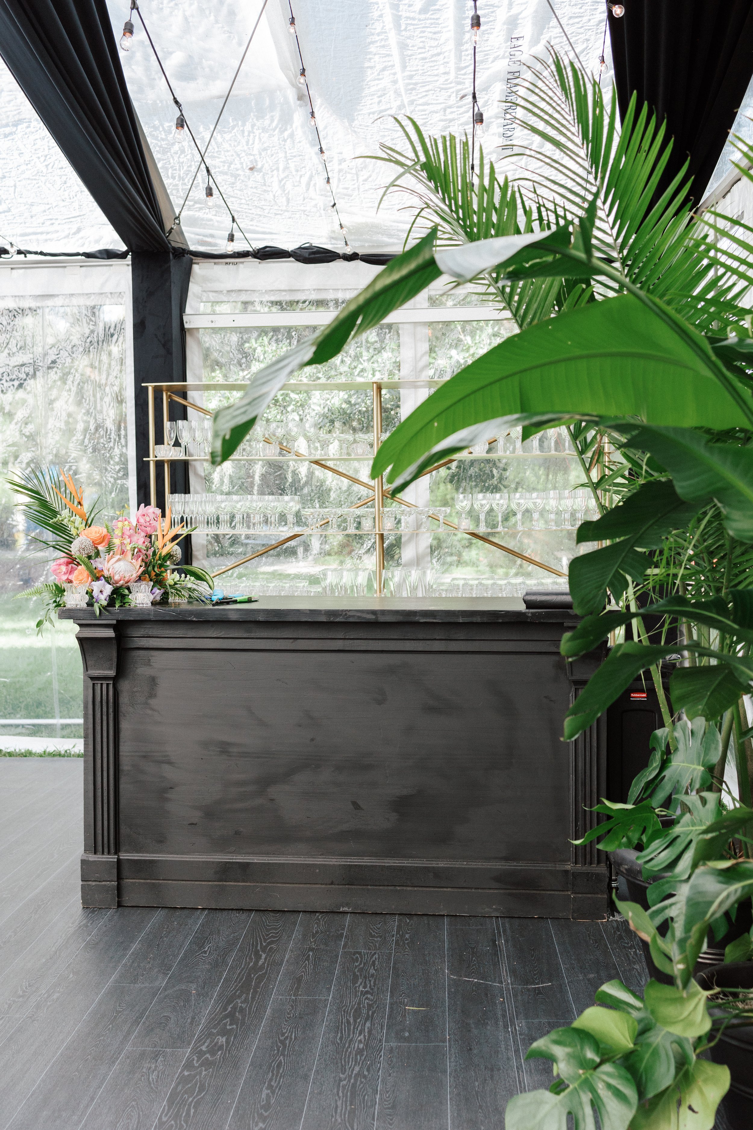 Indoor event space with a black wooden bar, green tropical plants, and a transparent tent ceiling with string lights, floral arrangement on the bar, and large windows showing outdoor greenery.