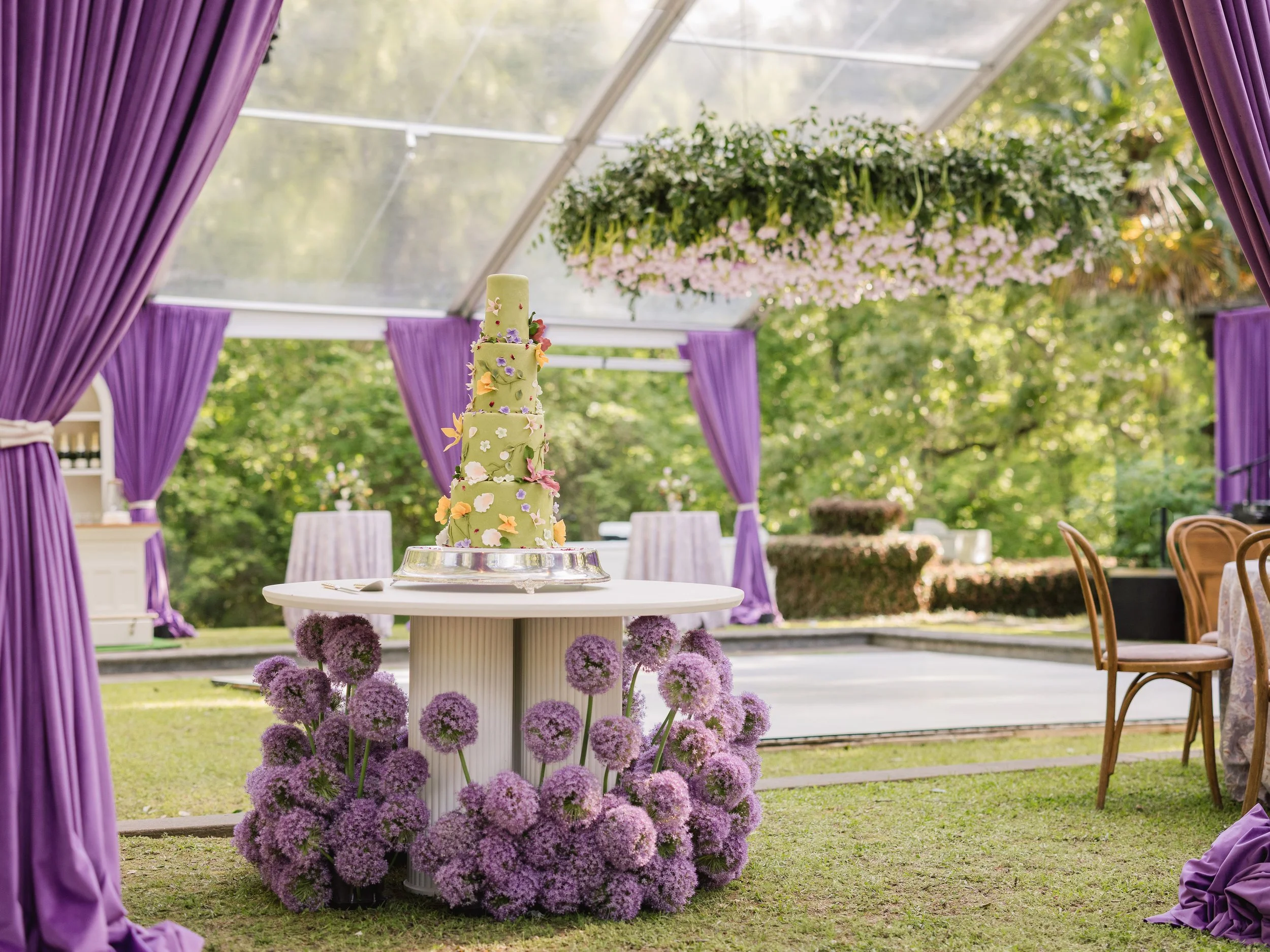 Luxury wedding reception white cake table at Field and Forest in Mississippi. 