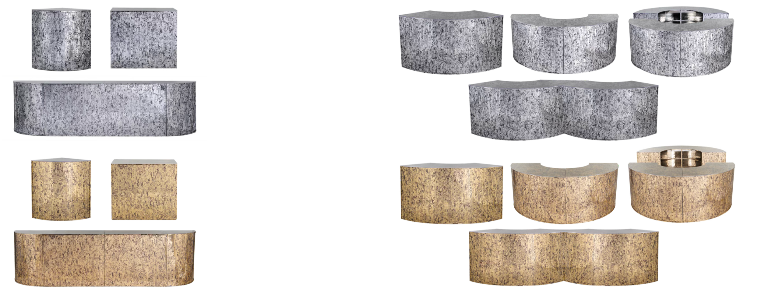 Various stone and marble accent tables and sideboards in gray and gold finishes.