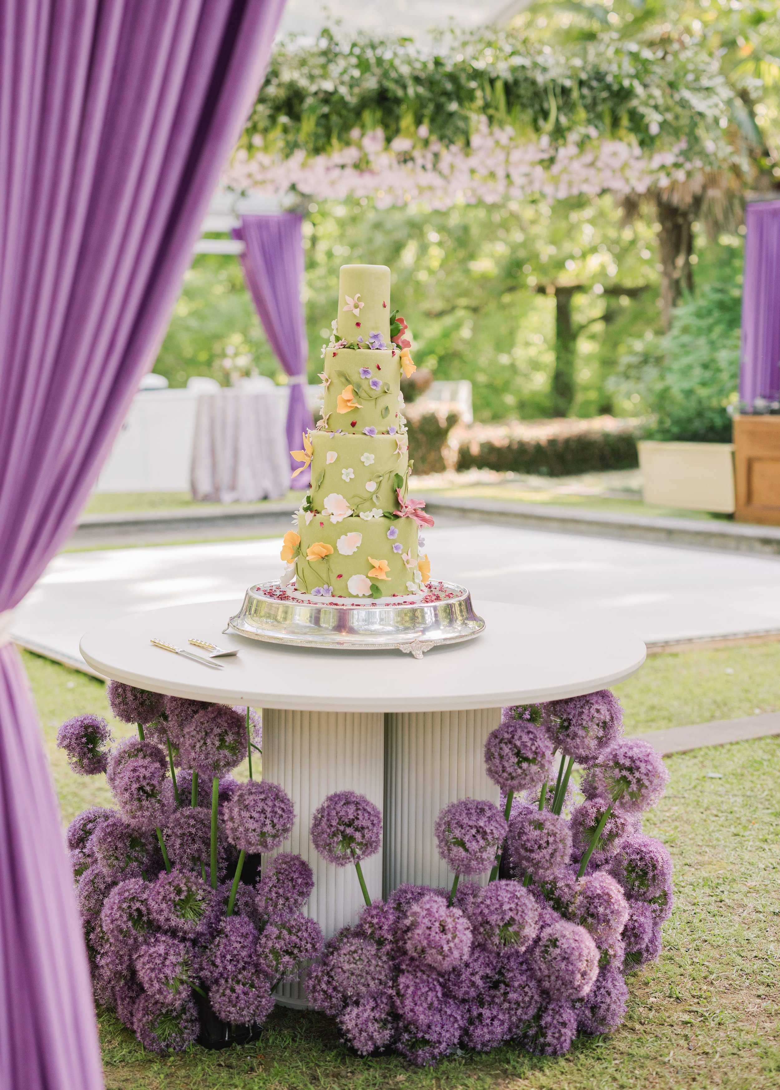Luxury wedding reception white cake table at Field and Forest in Mississippi. 
