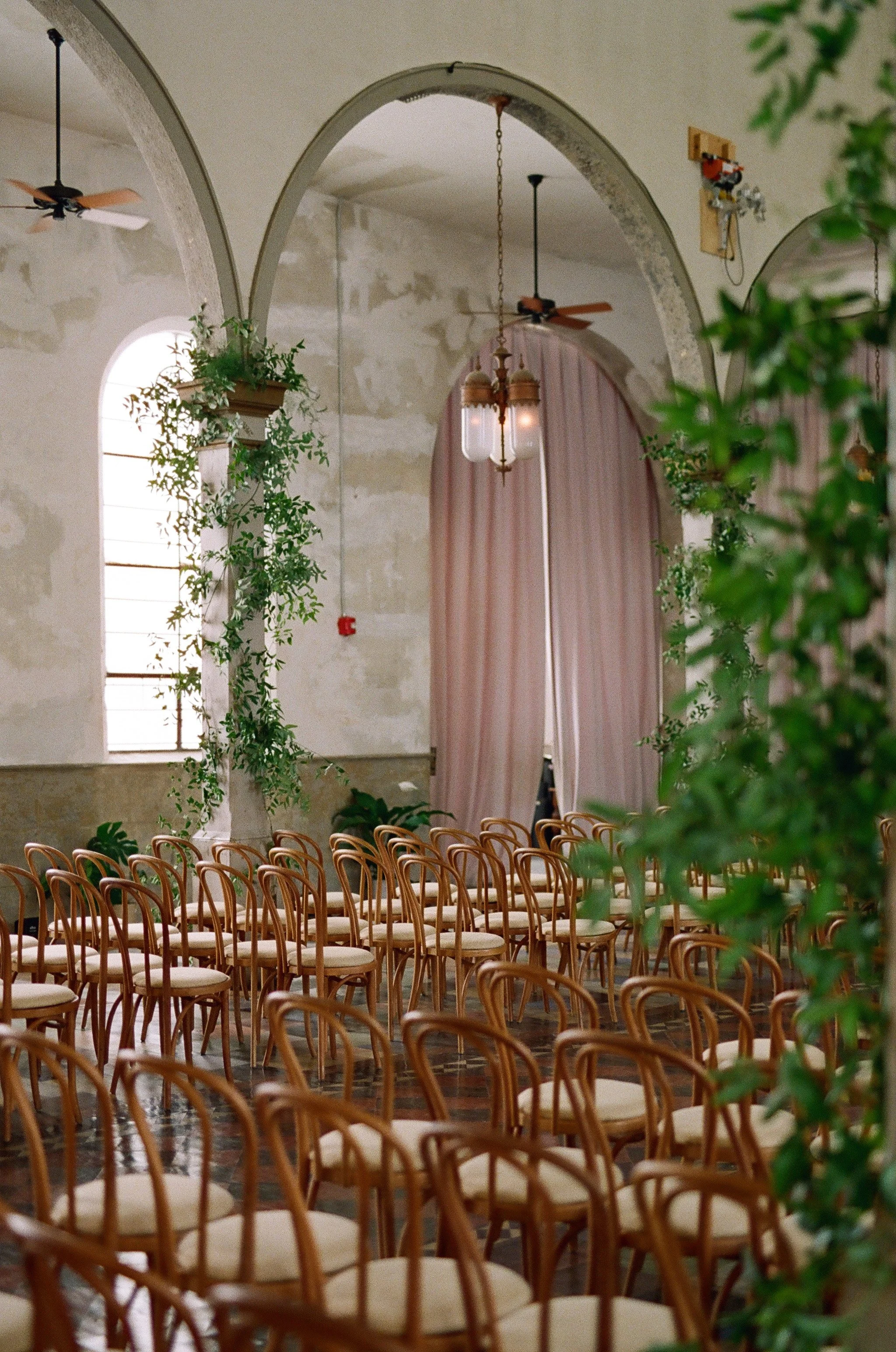 Interior of a room with rows of wooden chairs, plants, pink curtains, and vintage hanging lamps.