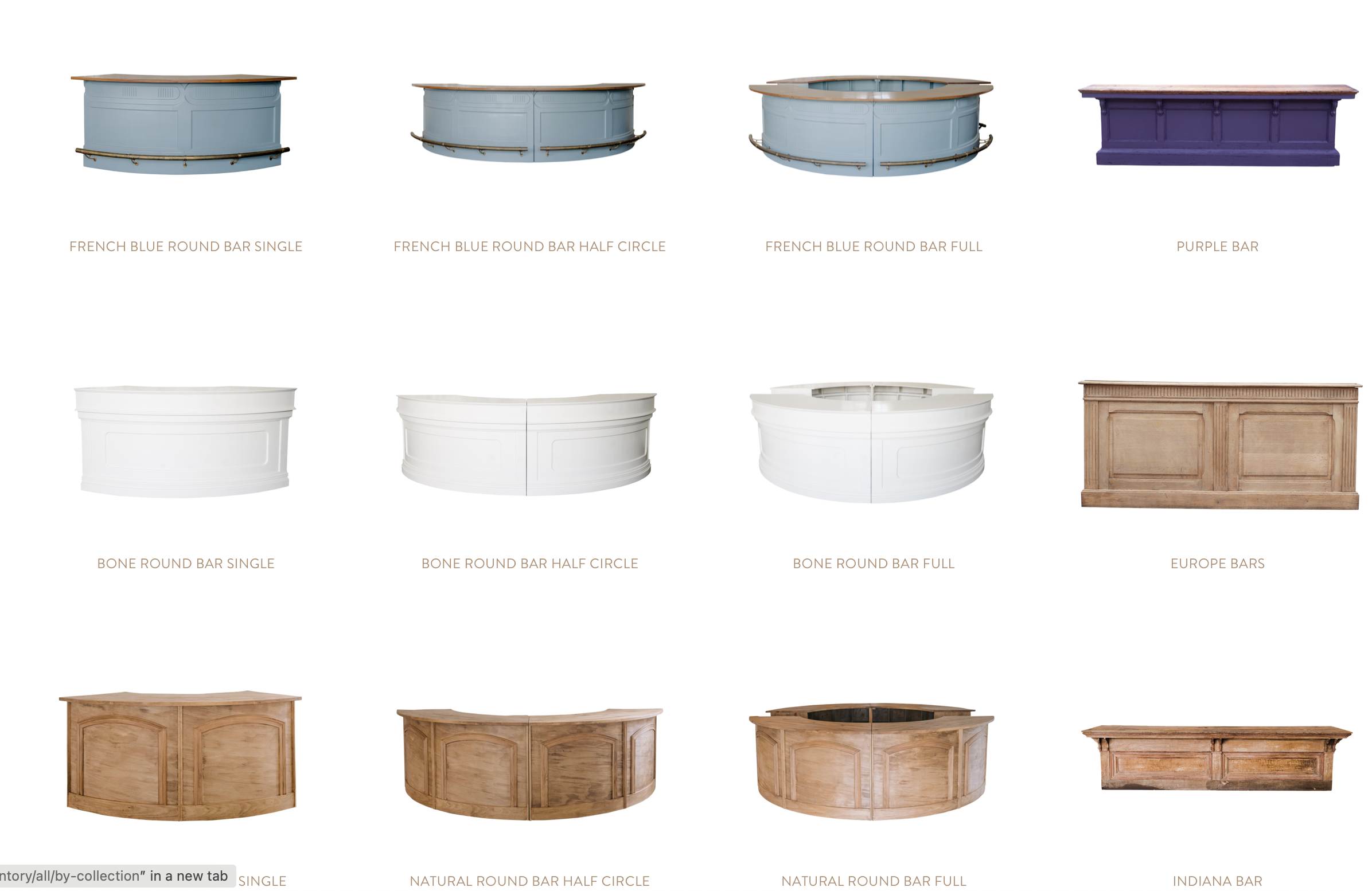 Arrangement of various bar designs, showcasing different shapes, colors, and materials. Includes blue, white, wood, and purple bars in combinations of single, half-circle, and full circle styles.