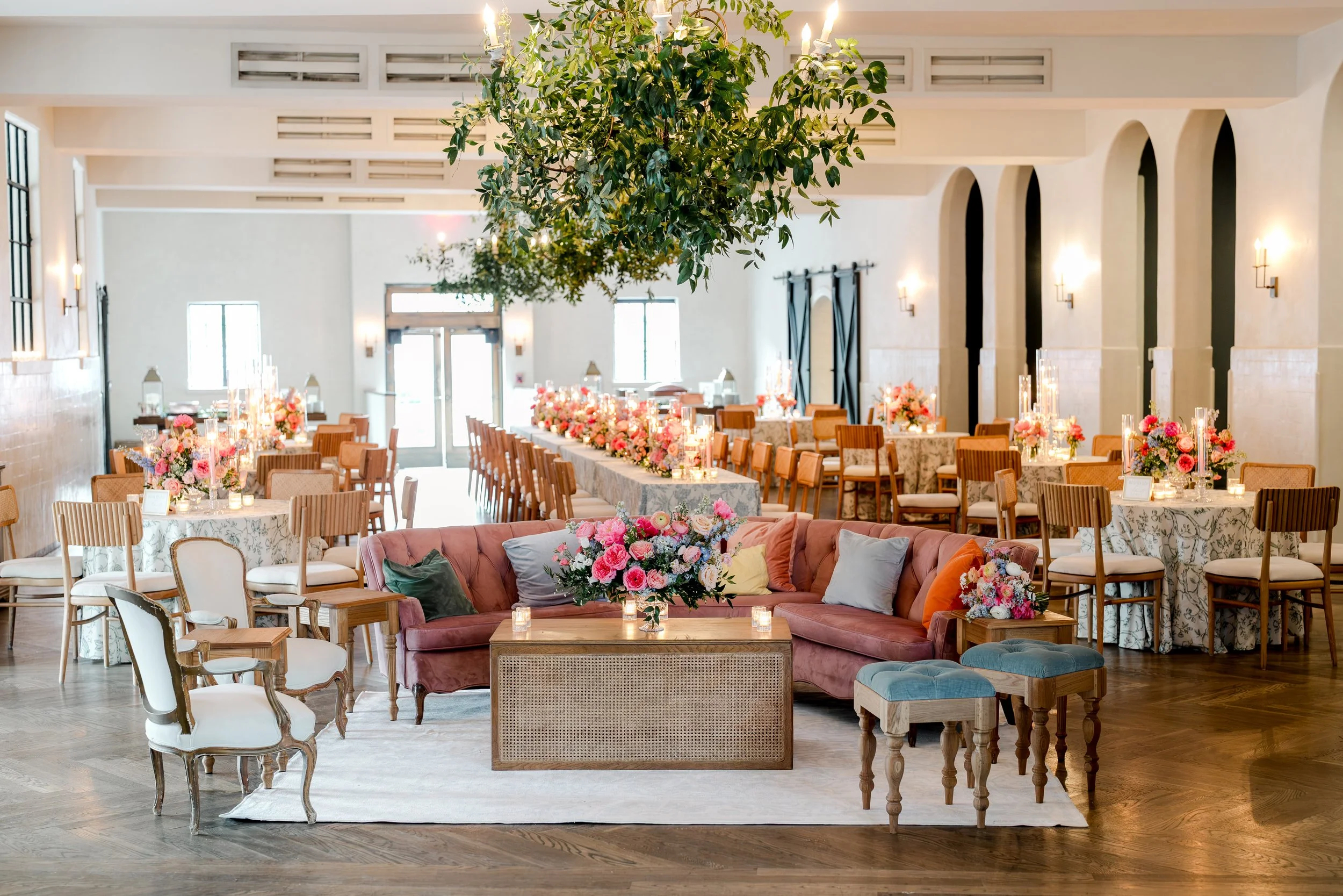 A wedding reception mixed seating with a large lounge and seated dinner at Il Mercato in New Orleans.
