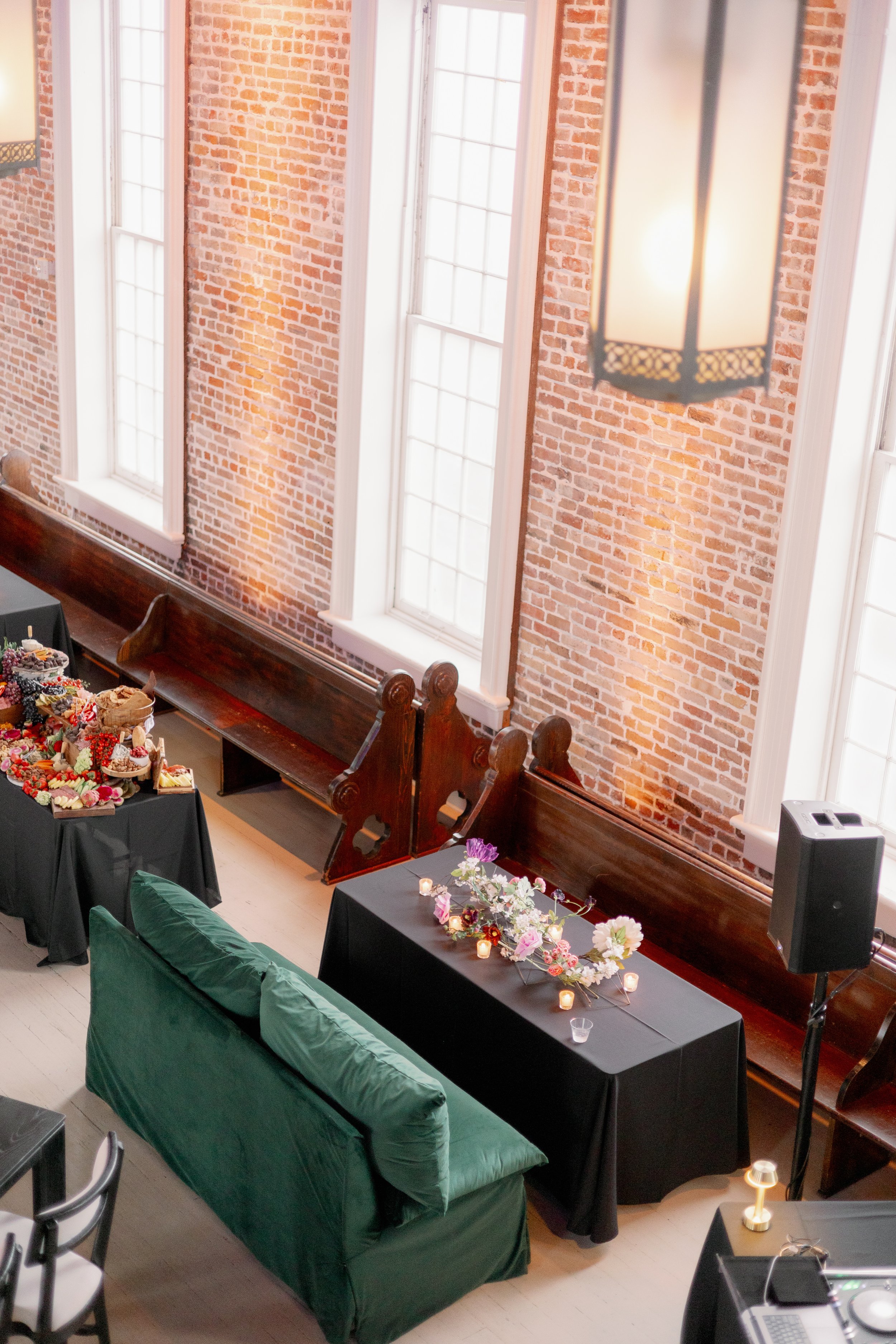 A wedding reception design seating at Felicity Church in New Orleans.