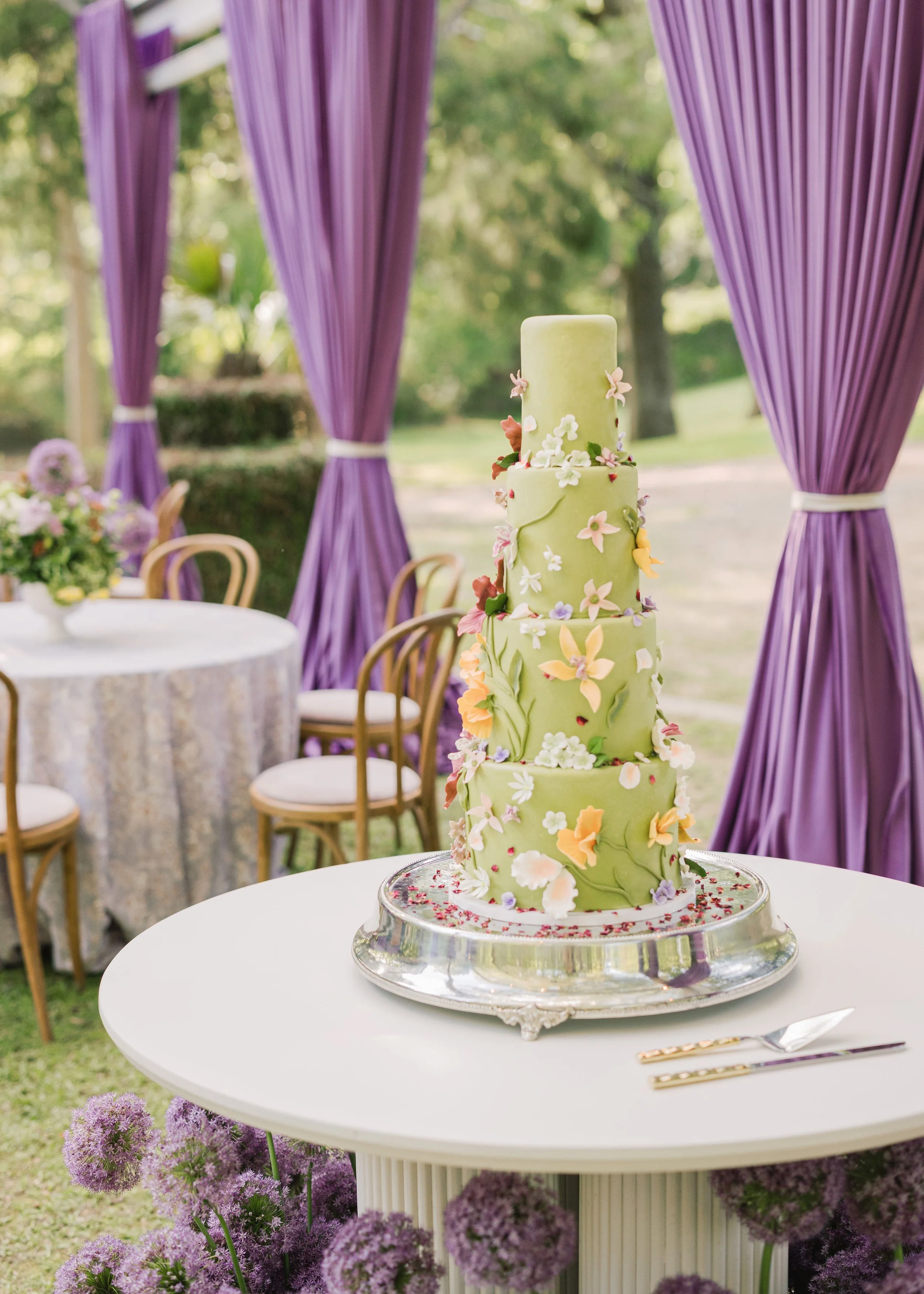 Luxury wedding reception white cake table at Field and Forest in Mississippi. 