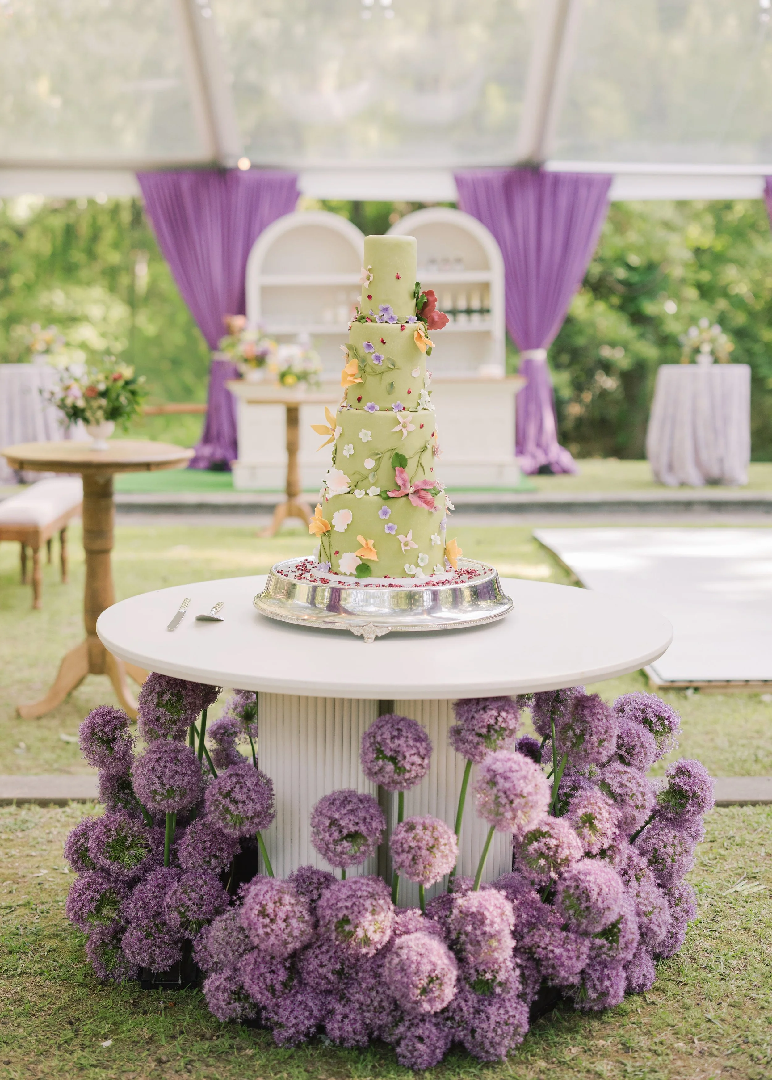 Luxury wedding reception white cake table at Field and Forest in Mississippi. 