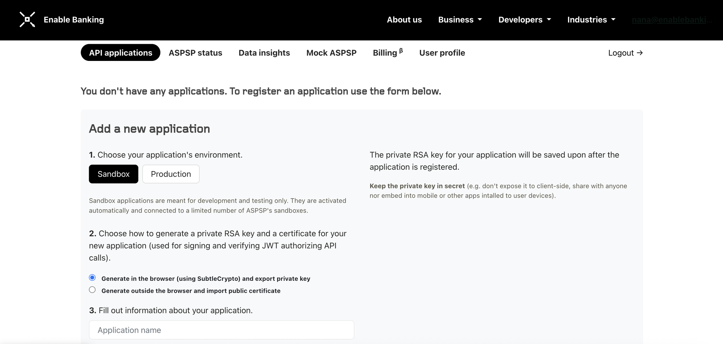 Registering an Application on Enable Banking